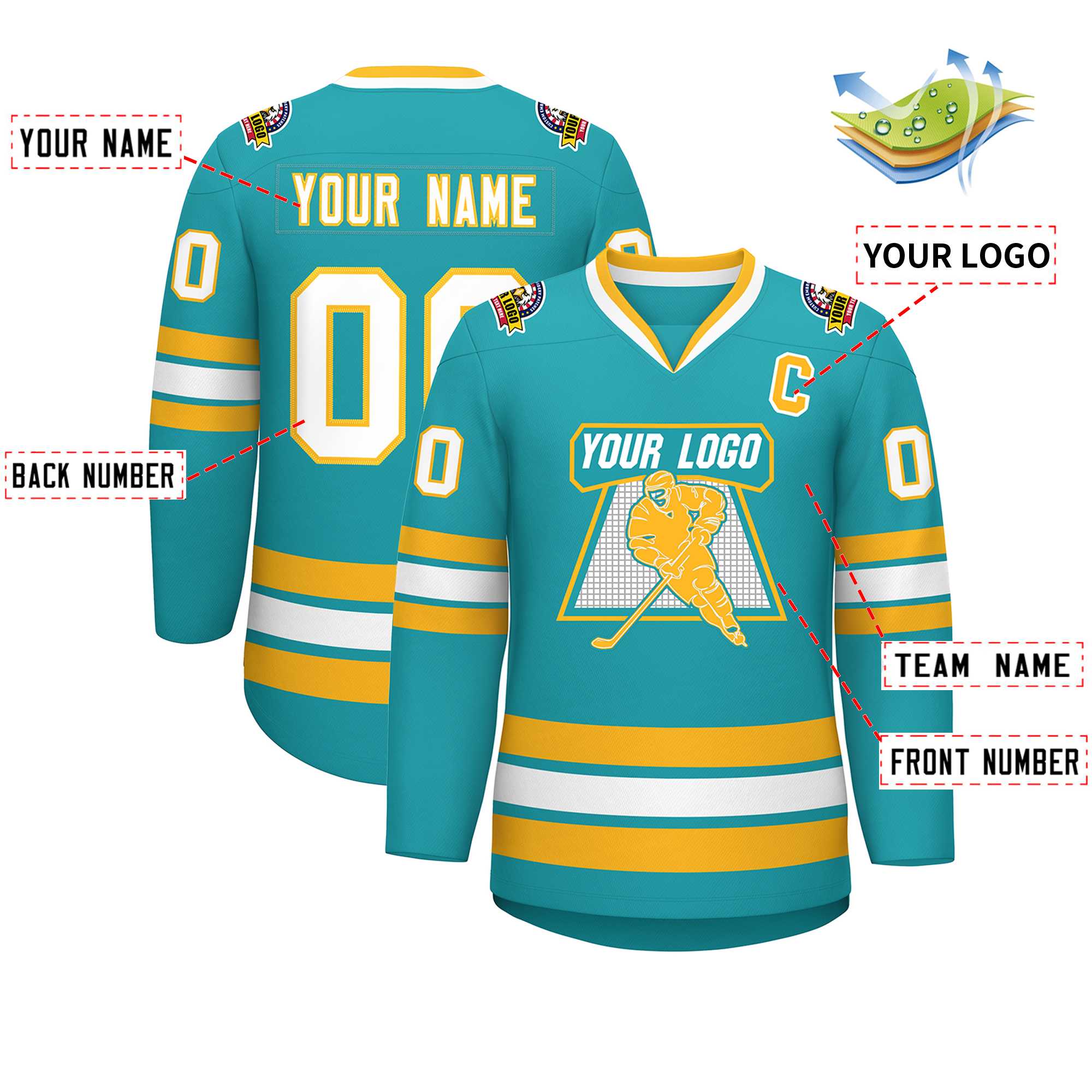 Custom Aqua White-Gold Classic Style Hockey Jersey | KXKSHOP