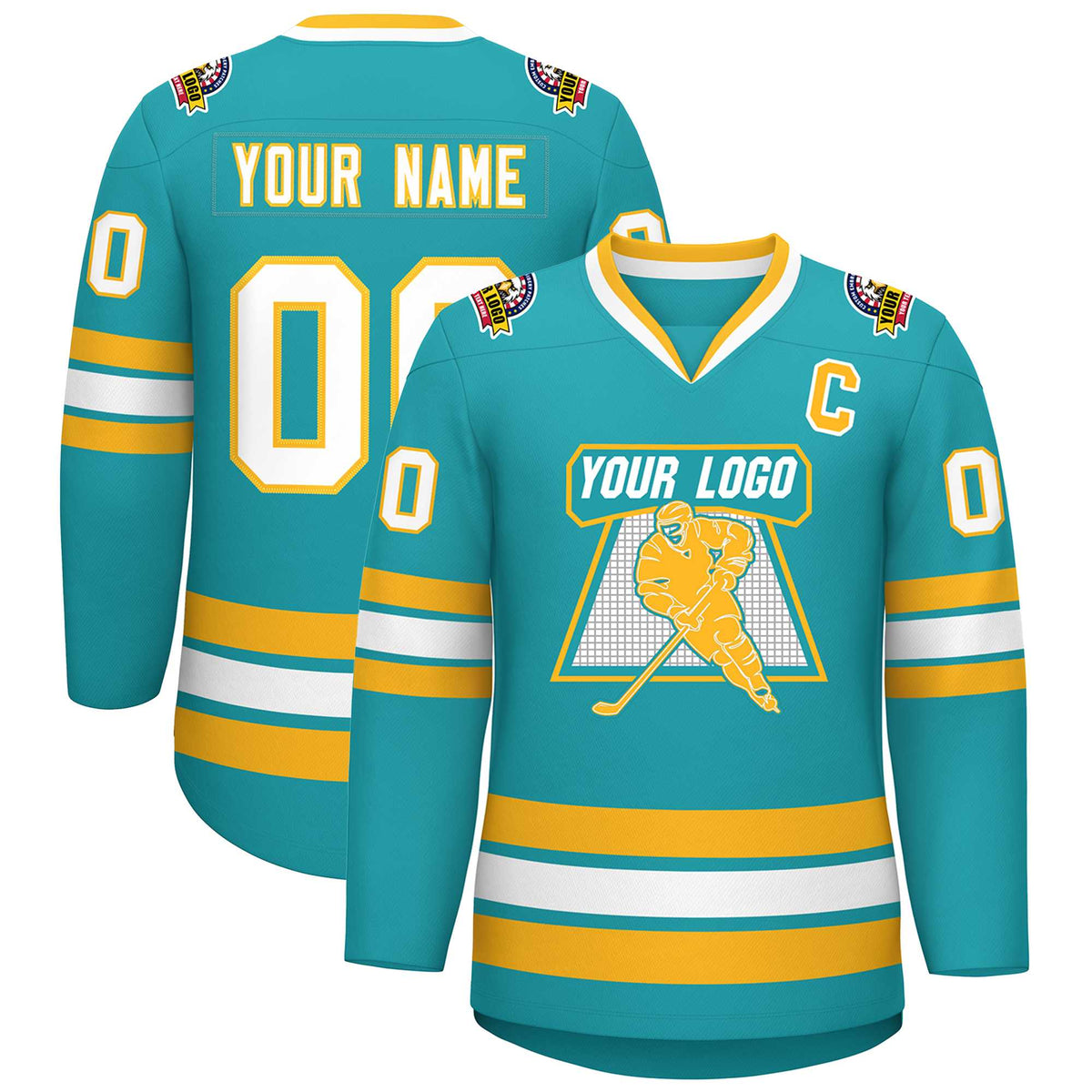 Custom Aqua White-Gold Classic Style Hockey Jersey | KXKSHOP