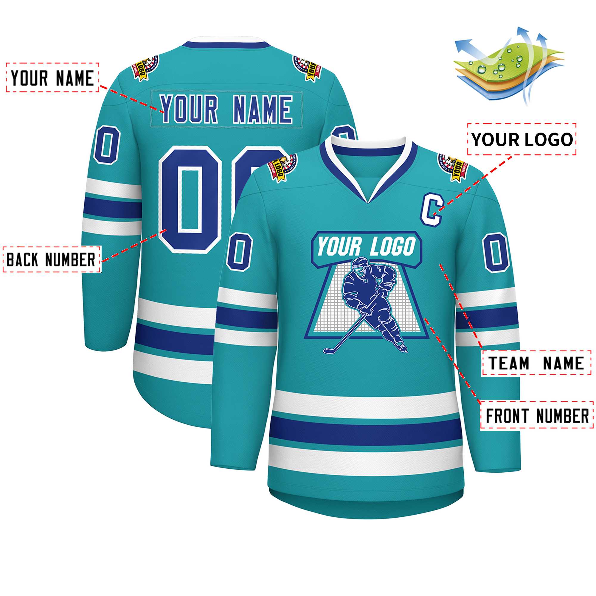 Custom Aqua Royal-White Classic Style Hockey Jersey | KXKSHOP