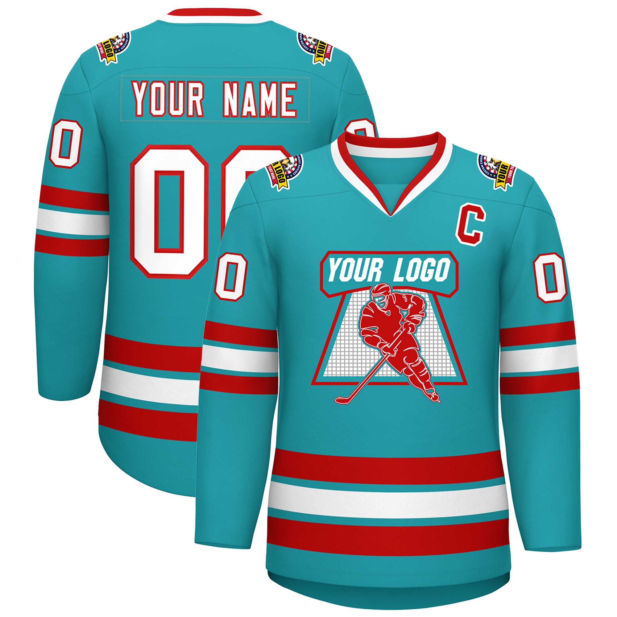 Custom Aqua White-Red Classic Style Hockey Jersey | KXKSHOP