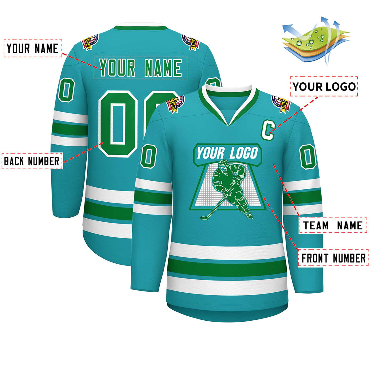 Custom Aqua Kelly Green-White Classic Style Hockey Jersey | KXKSHOP