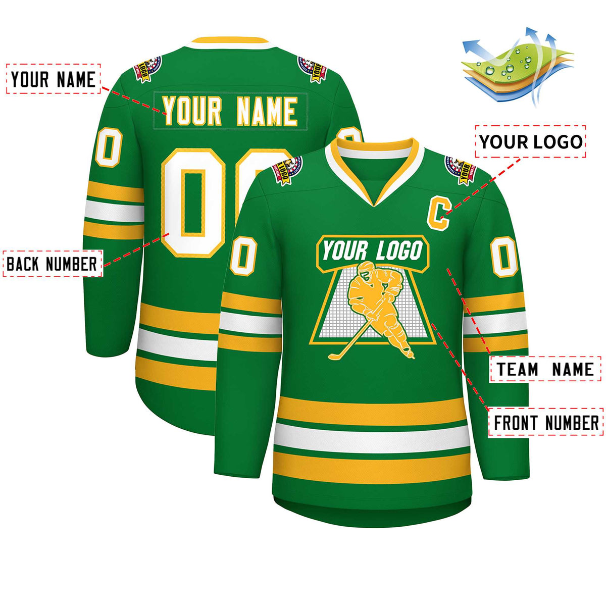 Custom Kelly Green White-Gold Classic Style Hockey Jersey | KXKSHOP