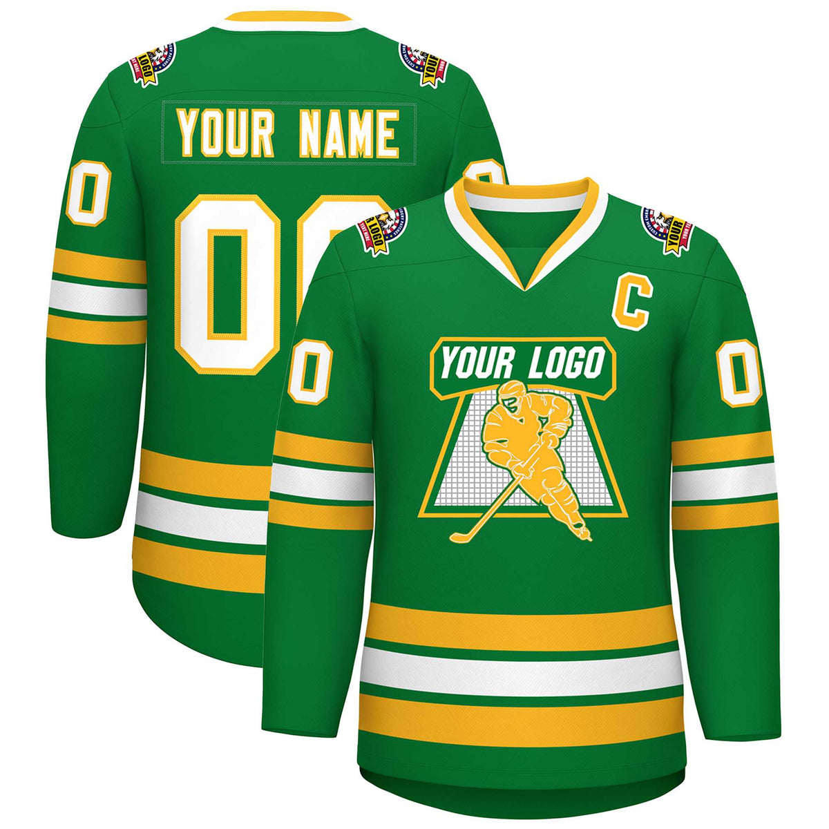 Custom Kelly Green White-Gold Classic Style Hockey Jersey | KXKSHOP