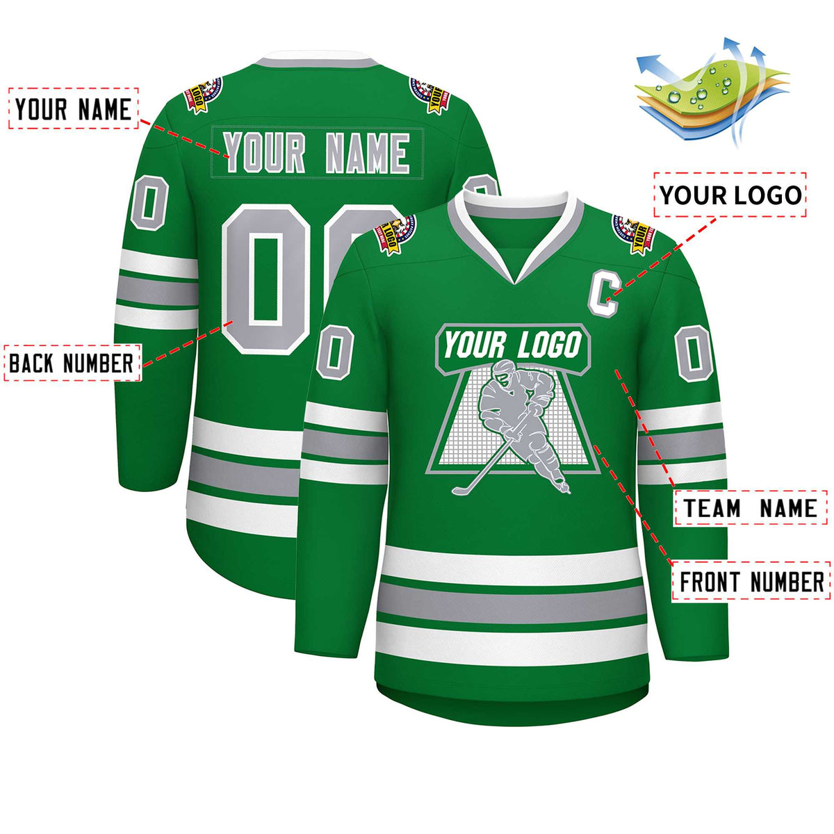 Custom Kelly Green Gray-White Classic Style Hockey Jersey | KXKSHOP