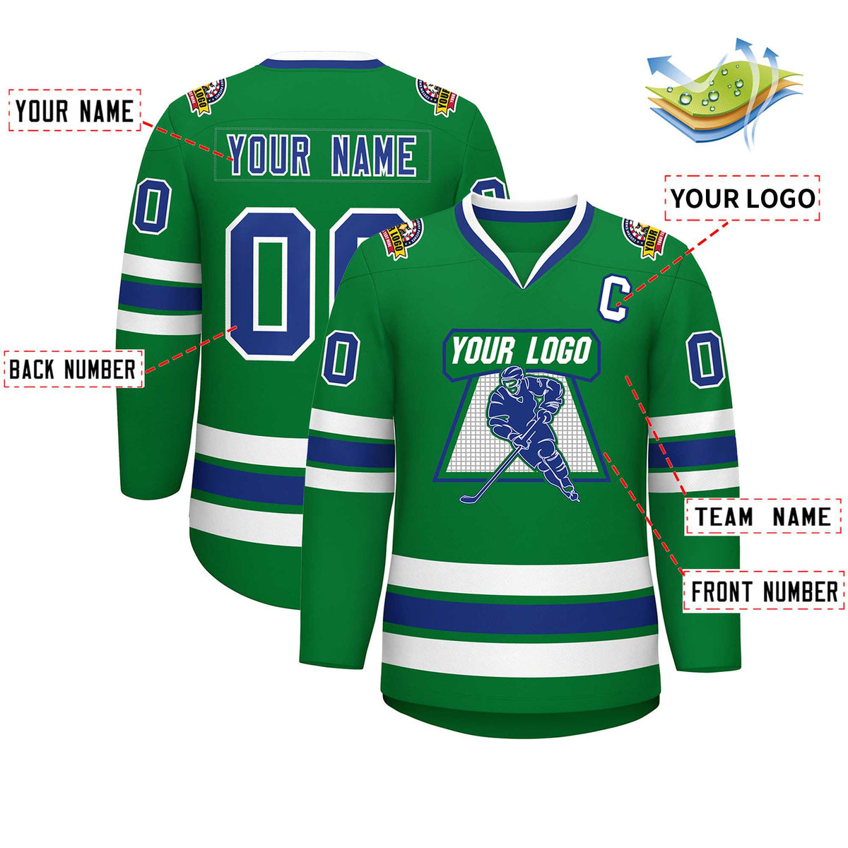 Custom Kelly Green Royal-White Classic Style Hockey Jersey | KXKSHOP