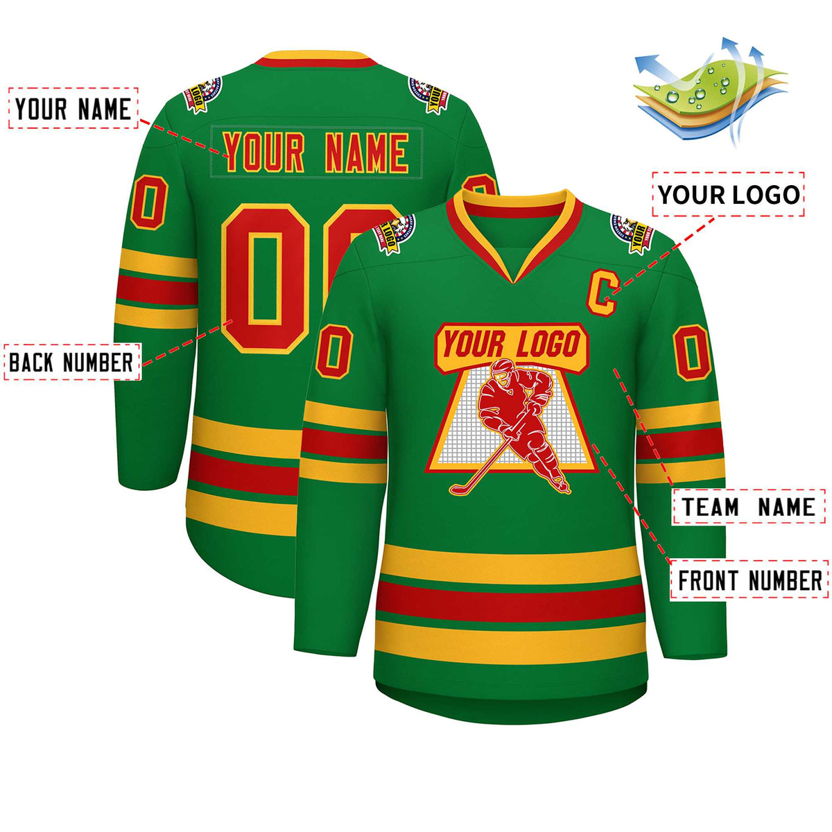 Custom Kelly Green Red-Gold Classic Style Hockey Jersey | KXKSHOP
