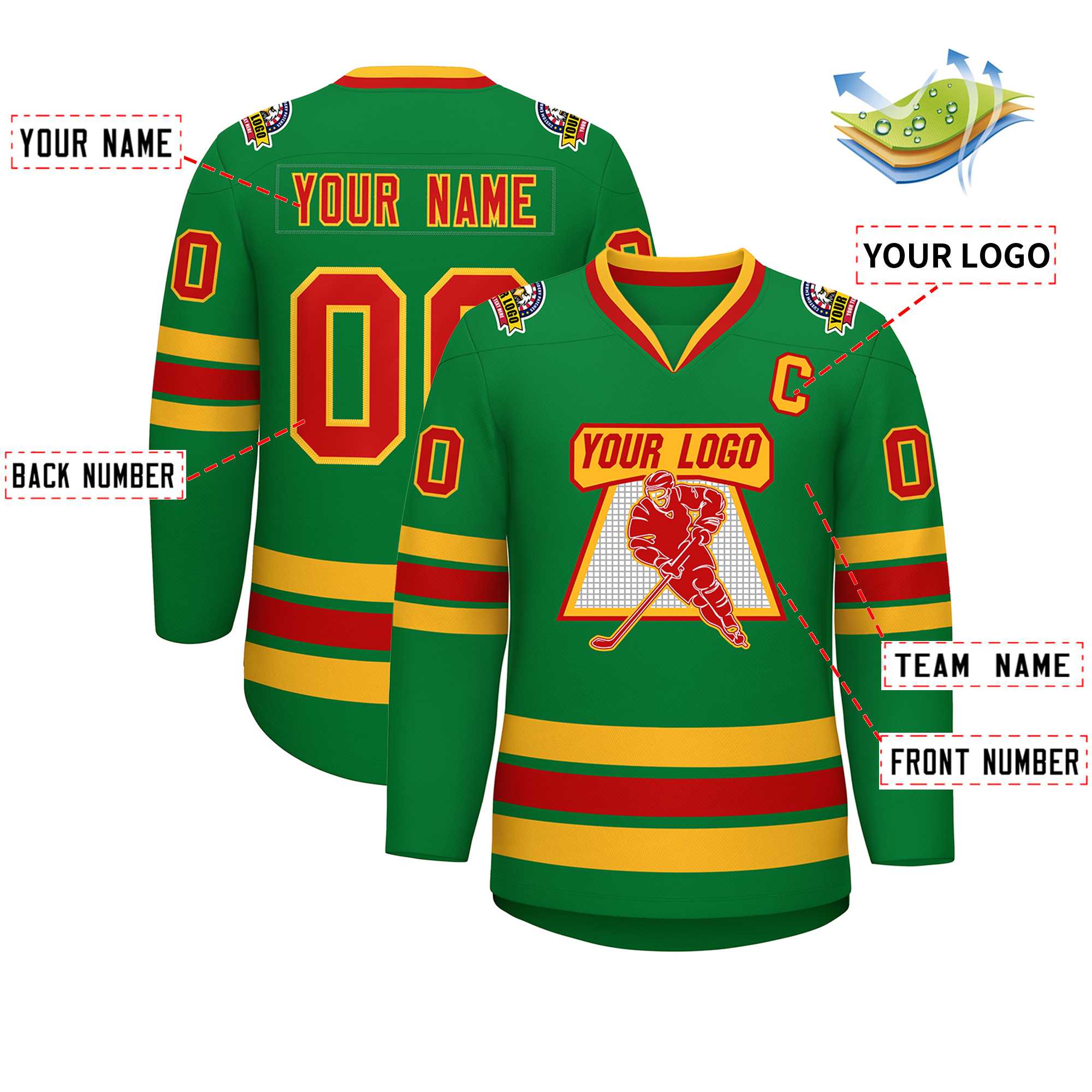 Custom Kelly Green Red-Gold Classic Style Hockey Jersey | KXKSHOP