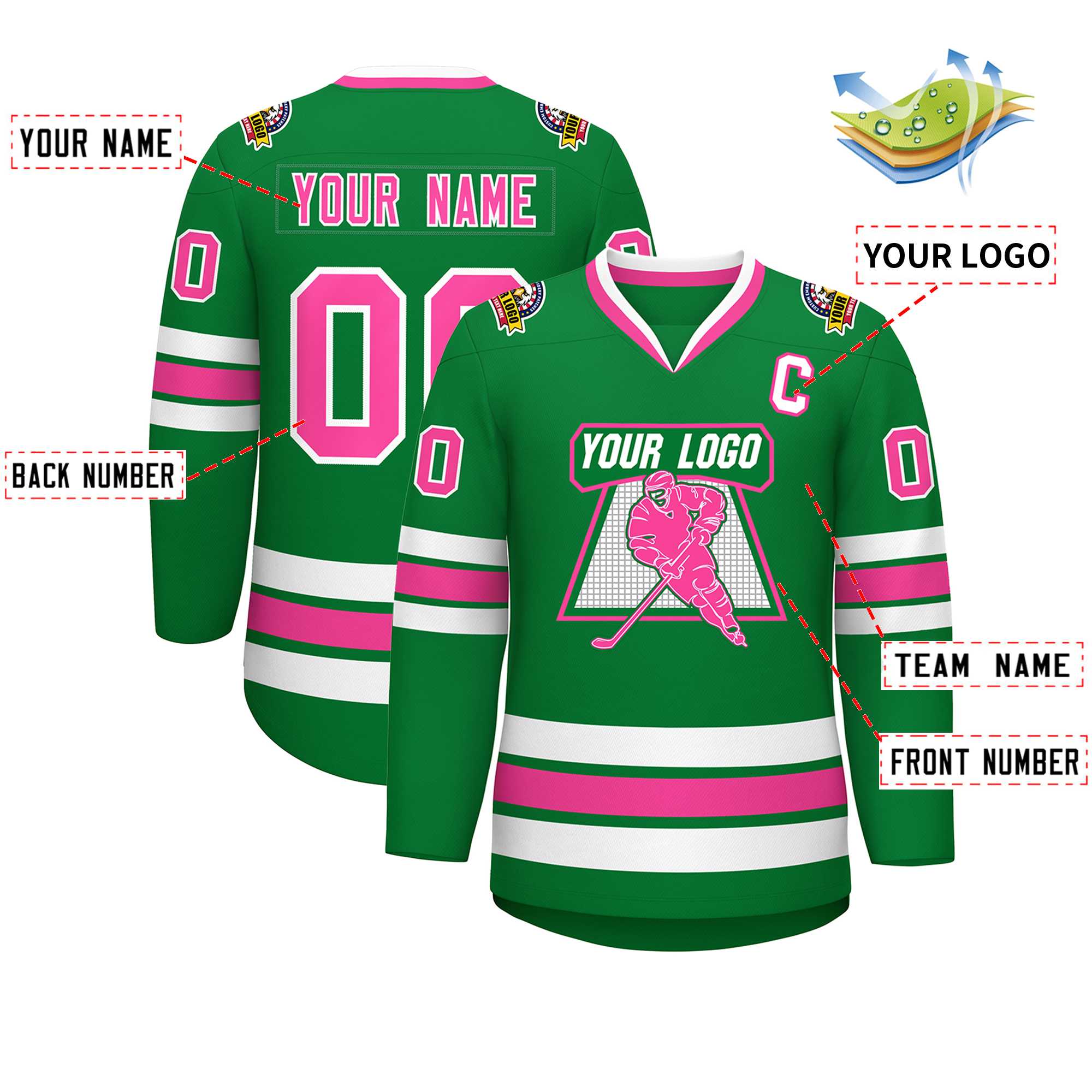 Custom Kelly Green Pink-White Classic Style Hockey Jersey | KXKSHOP