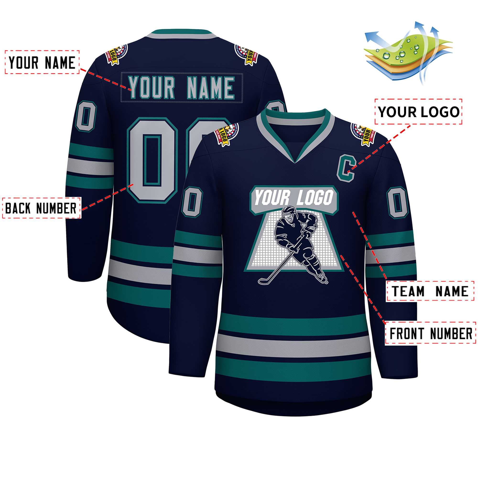 Custom Navy Gray Navy-Aqua Classic Style Hockey Jersey | KXKSHOP