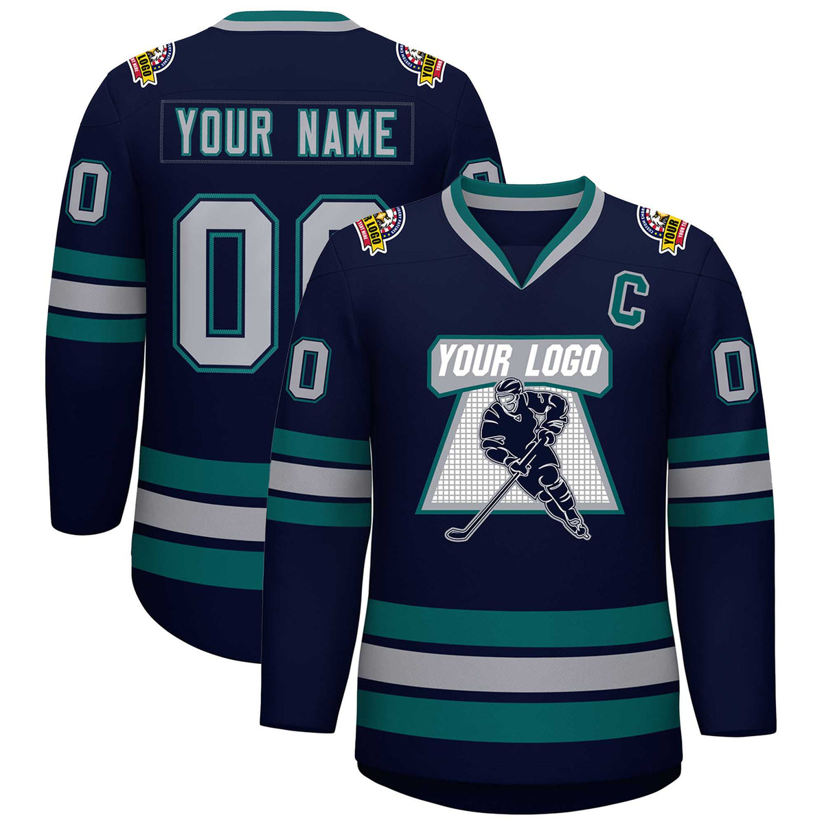 Custom Navy Gray Navy-Aqua Classic Style Hockey Jersey | KXKSHOP