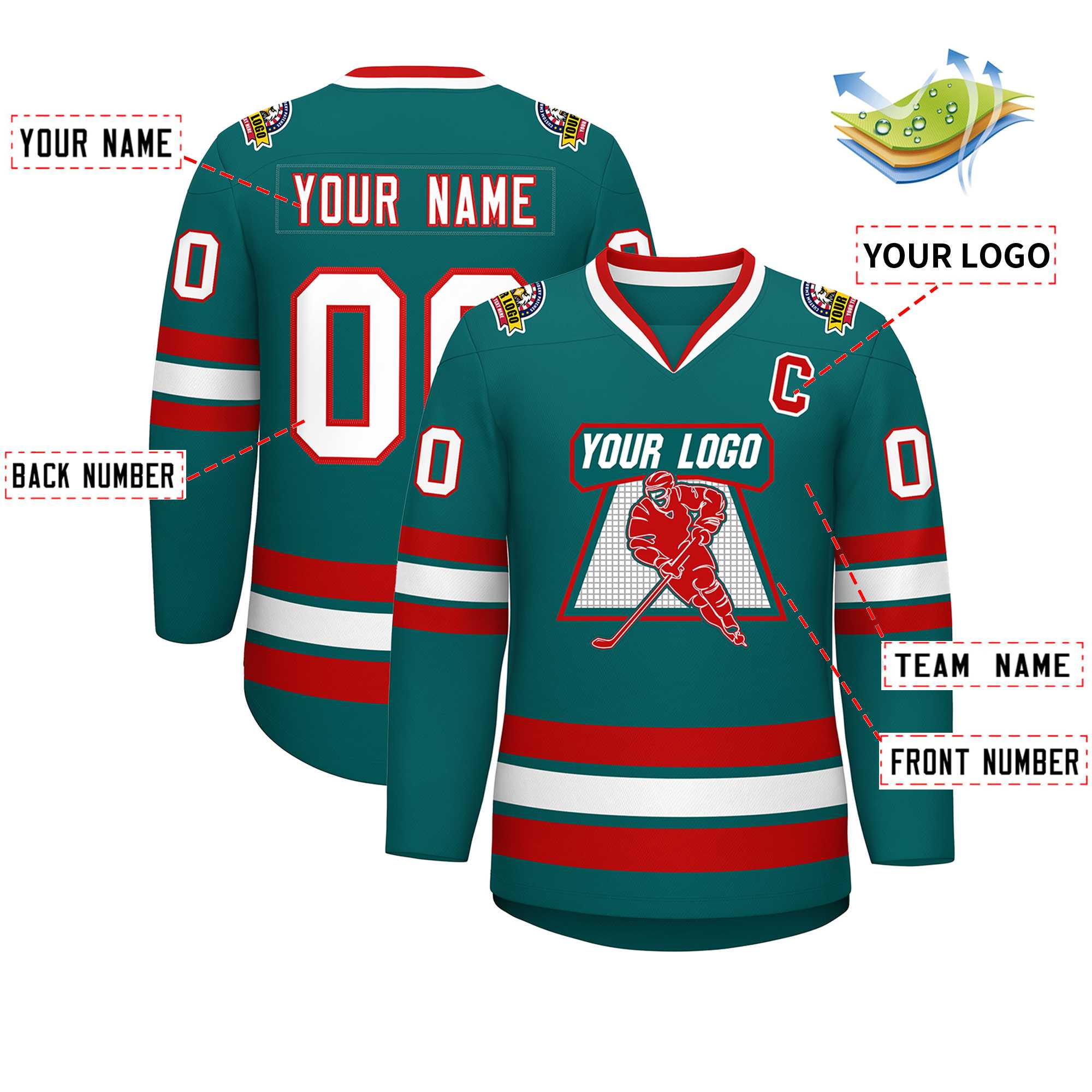 Custom Aqua White-Red Classic Style Hockey Jersey | KXKSHOP