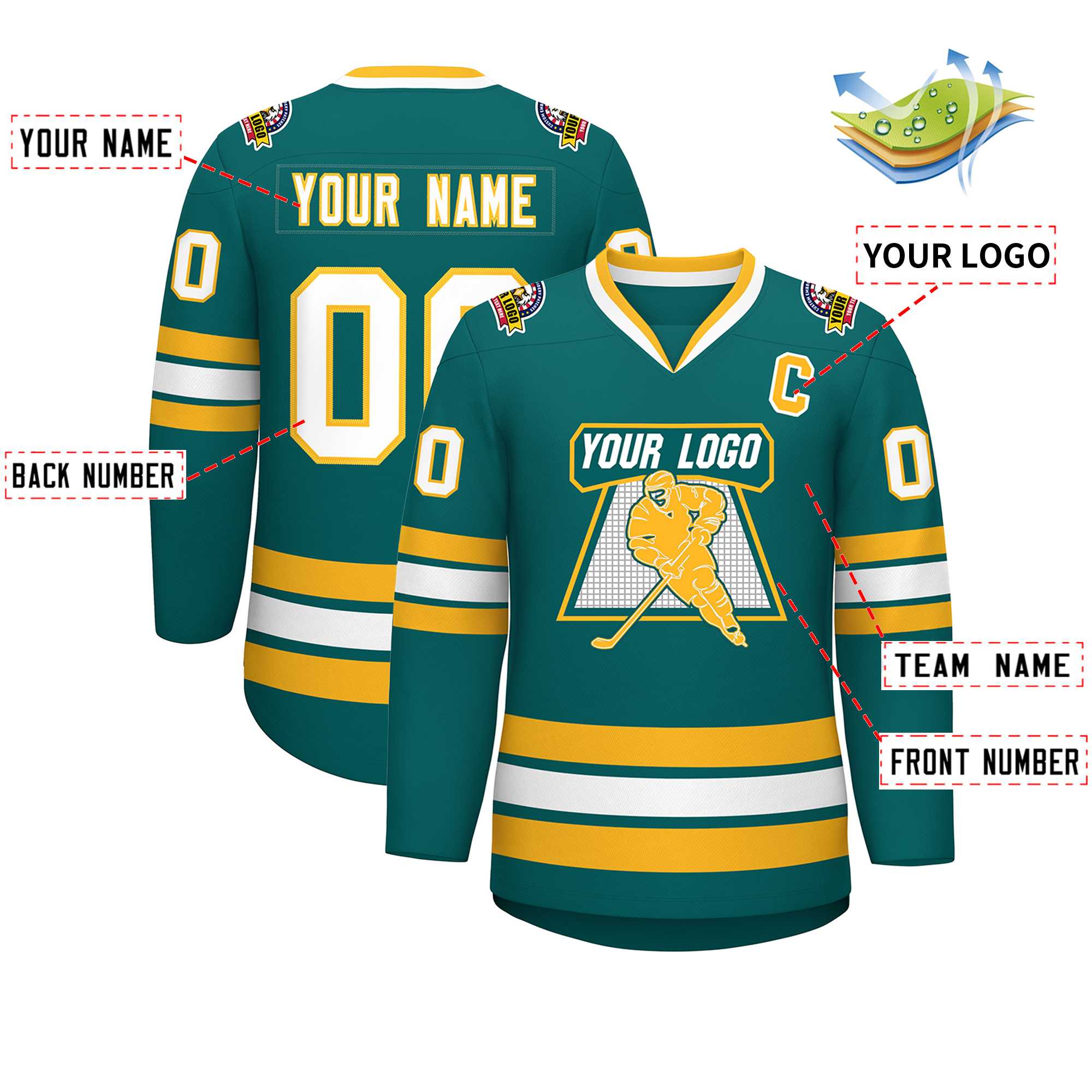 Custom Aqua White-Gold Classic Style Hockey Jersey | KXKSHOP
