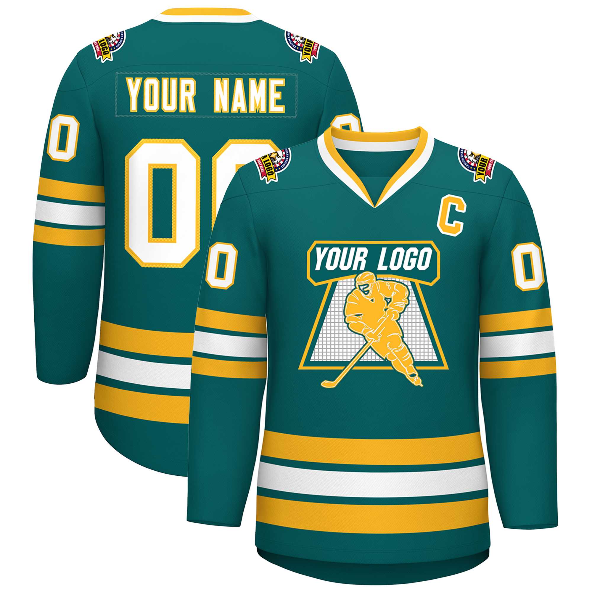 Custom Aqua White-Gold Classic Style Hockey Jersey | KXKSHOP