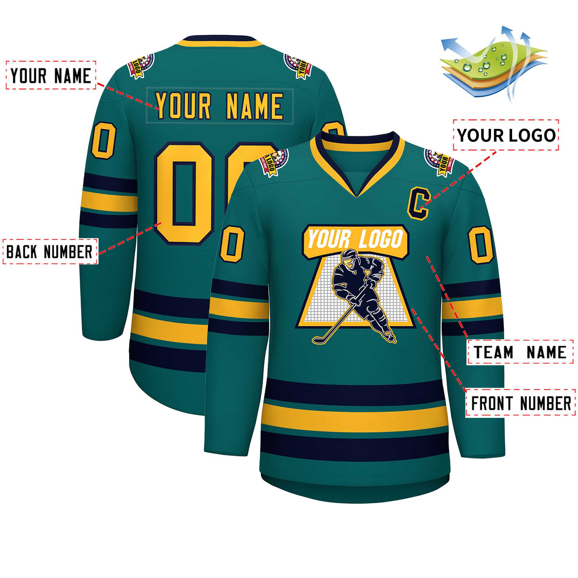Custom Aqua Gold-Navy Classic Style Hockey Jersey | KXKSHOP