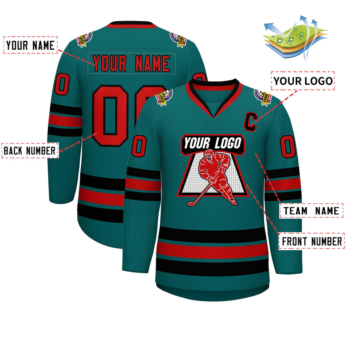 Custom Aqua Red-Black Classic Style Hockey Jersey | KXKSHOP