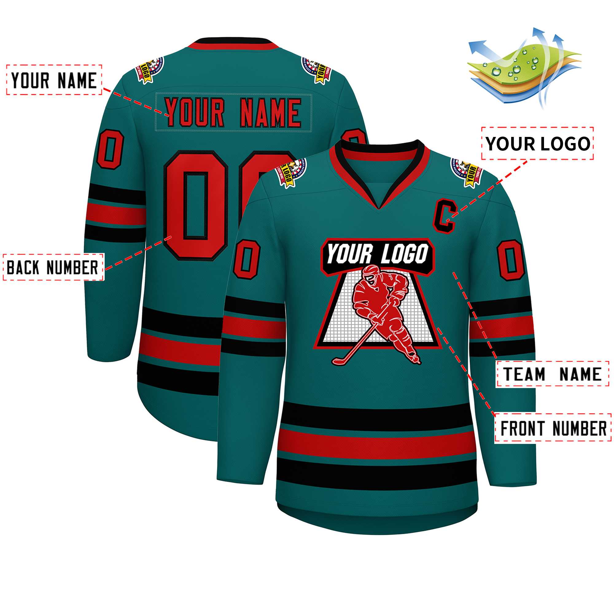Custom Aqua Red-Black Classic Style Hockey Jersey | KXKSHOP