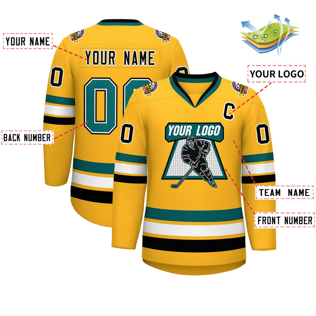 Custom Gold Aqua White-Black Classic Style Hockey Jersey | KXKSHOP