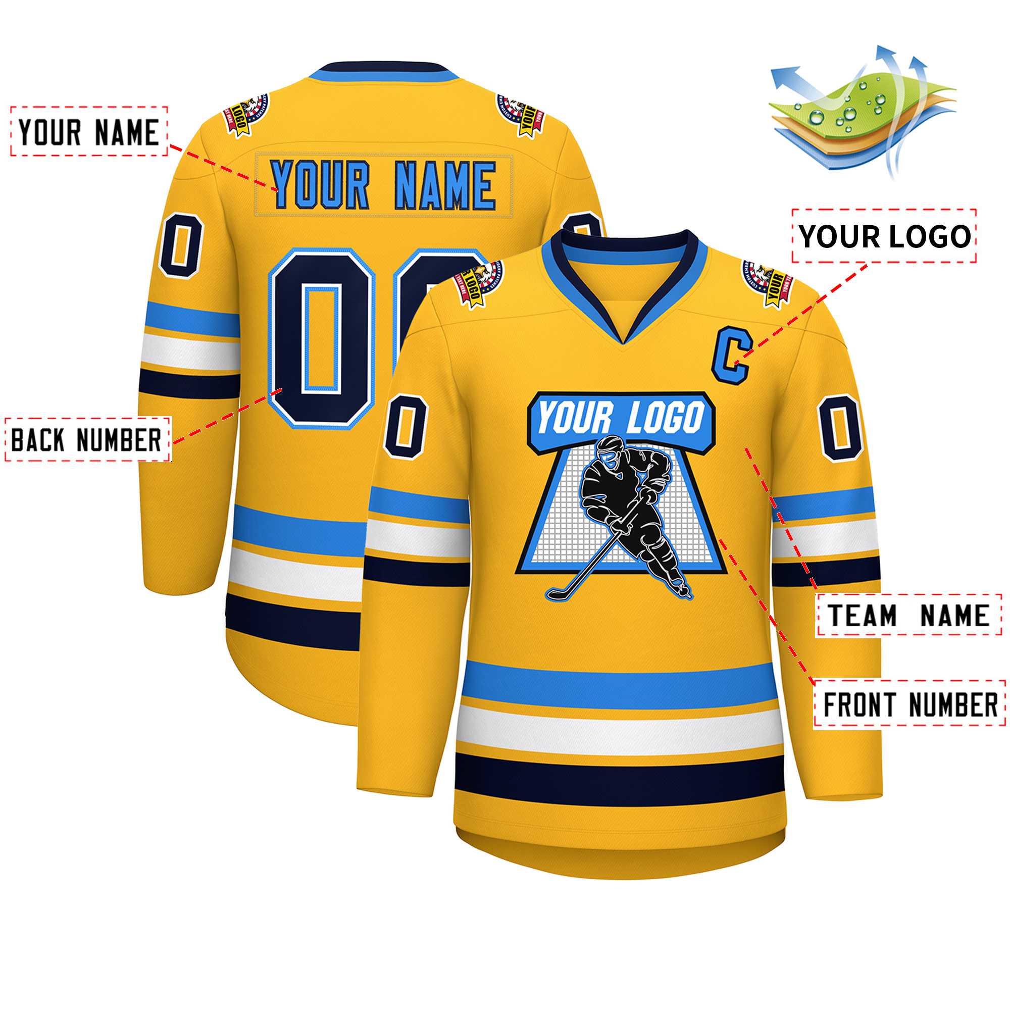 Custom Gold Navy White-Powder Blue Classic Style Hockey Jersey | KXKSHOP