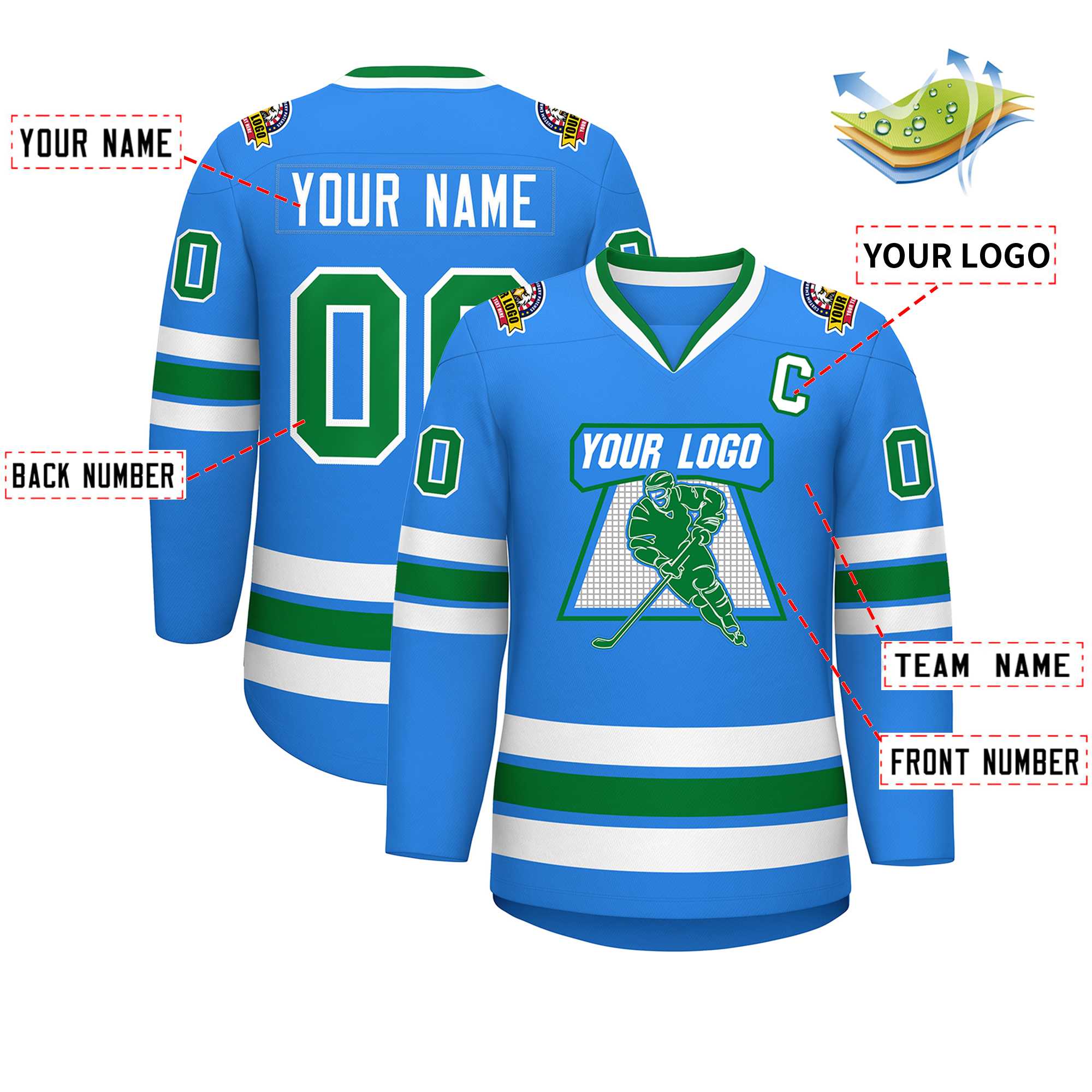 Custom Powder Blue Kelly Green-White Classic Style Hockey Jersey | KXKSHOP