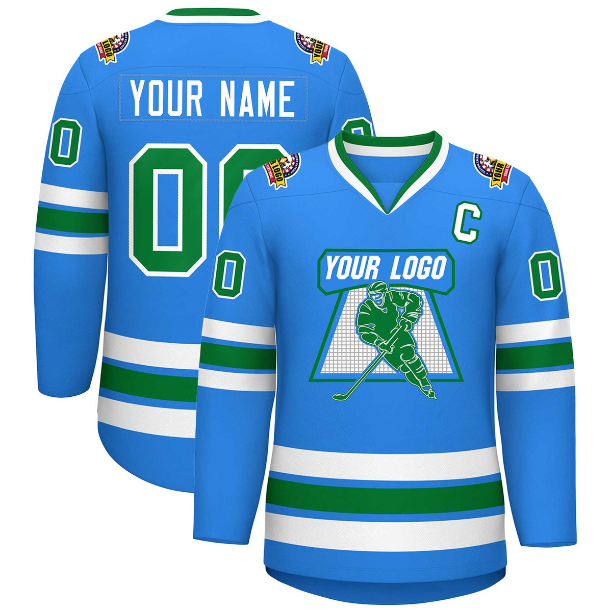 Custom Powder Blue Kelly Green-White Classic Style Hockey Jersey | KXKSHOP