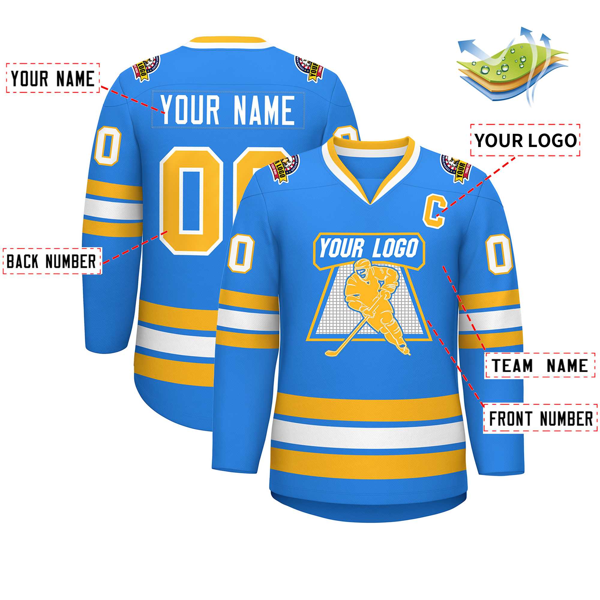Custom Powder Blue Gold-White Classic Style Hockey Jersey | KXKSHOP