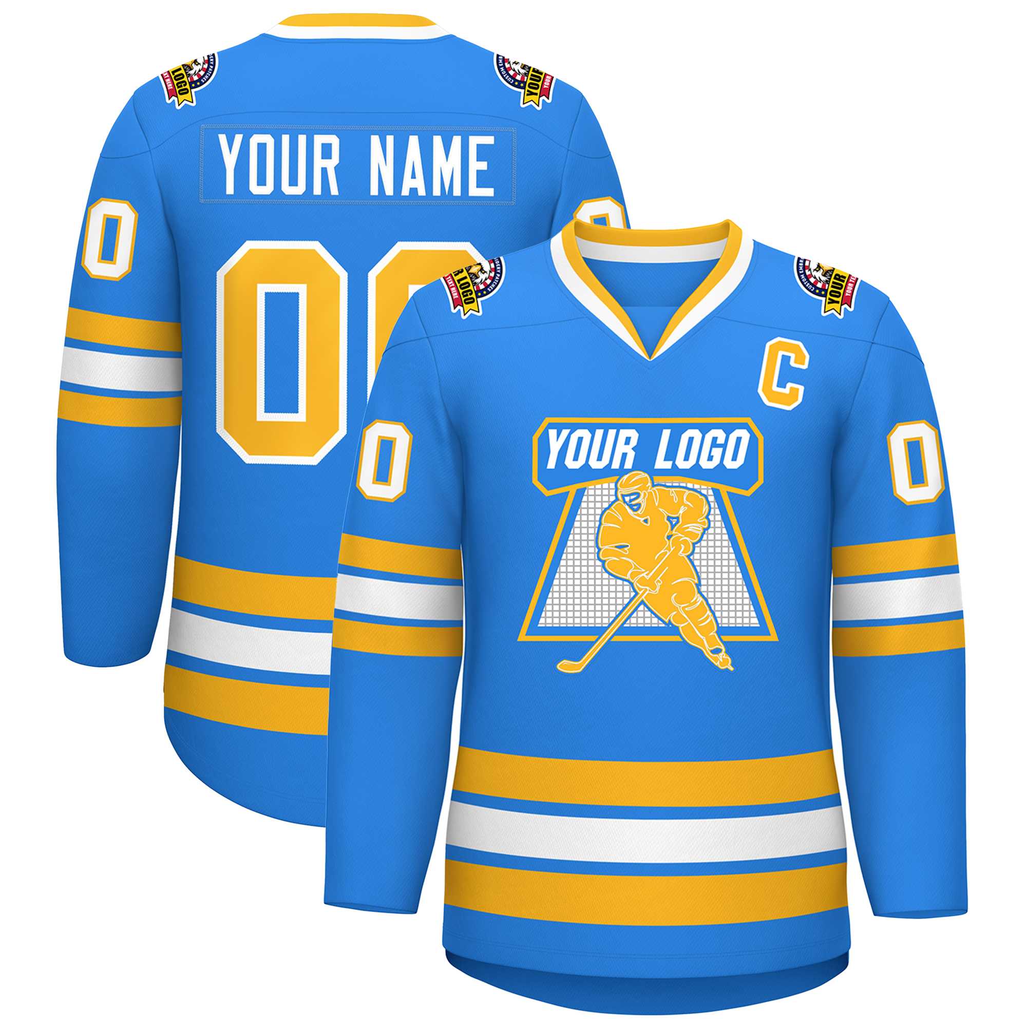 Custom Powder Blue Gold-White Classic Style Hockey Jersey | KXKSHOP