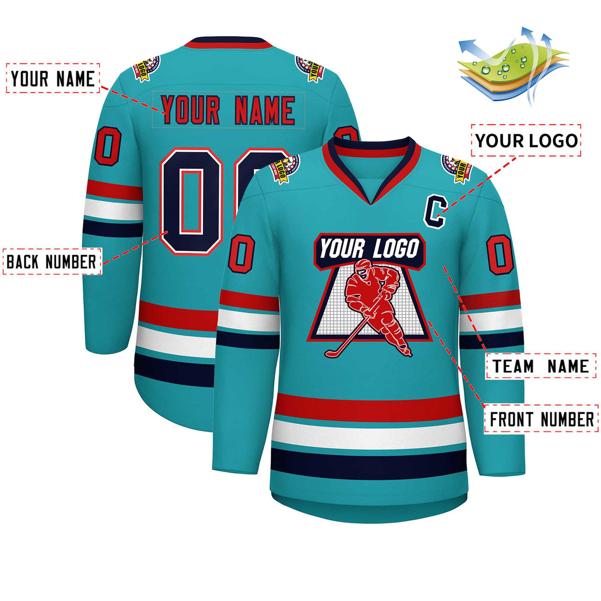 Custom Aqua Navy White-Red Classic Style Hockey Jersey | KXKSHOP
