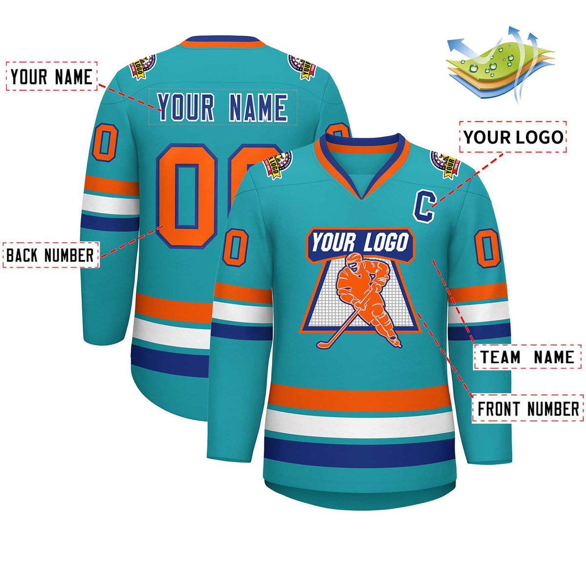 Custom Aqua Orange Royal-White Classic Style Hockey Jersey | KXKSHOP