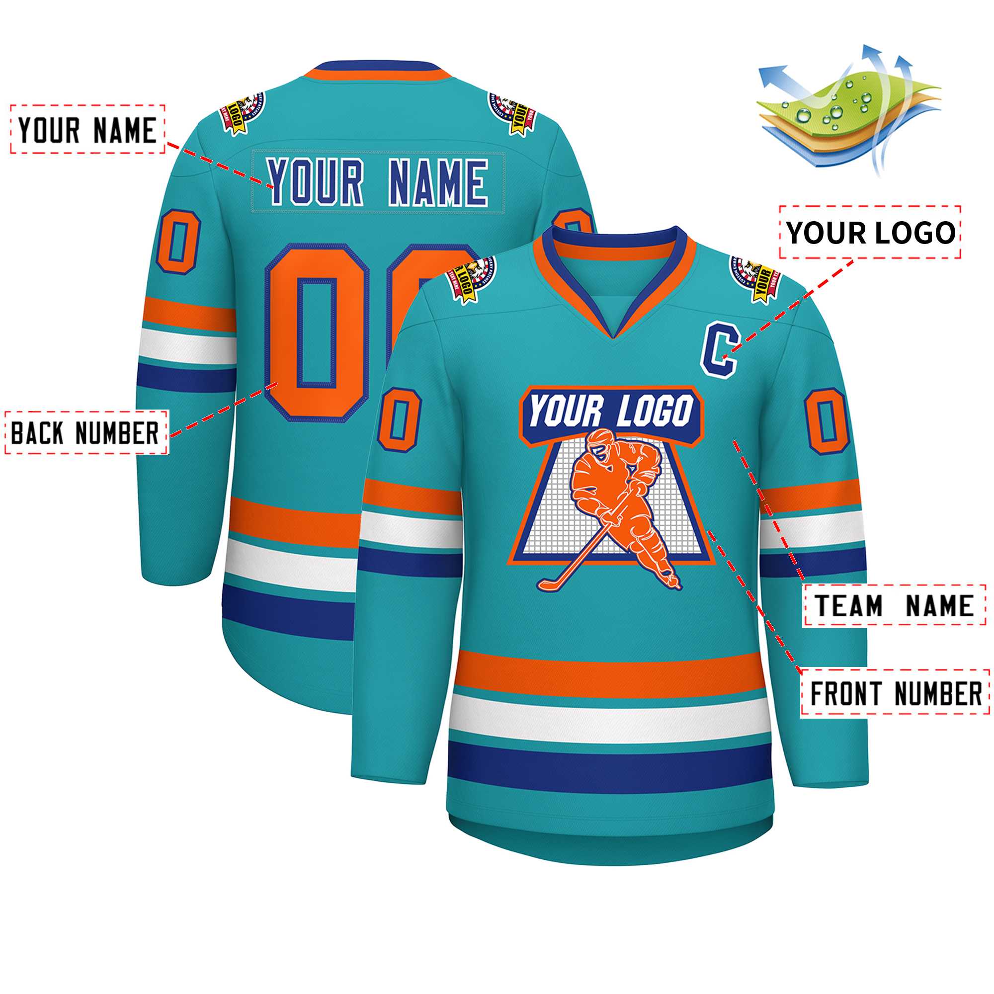Custom Aqua Orange Royal-White Classic Style Hockey Jersey | KXKSHOP