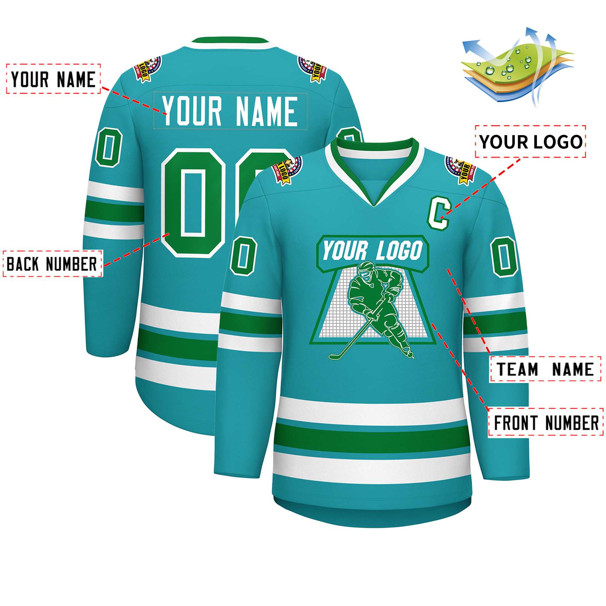 Custom Aqua Kelly Green-White Classic Style Hockey Jersey | KXKSHOP