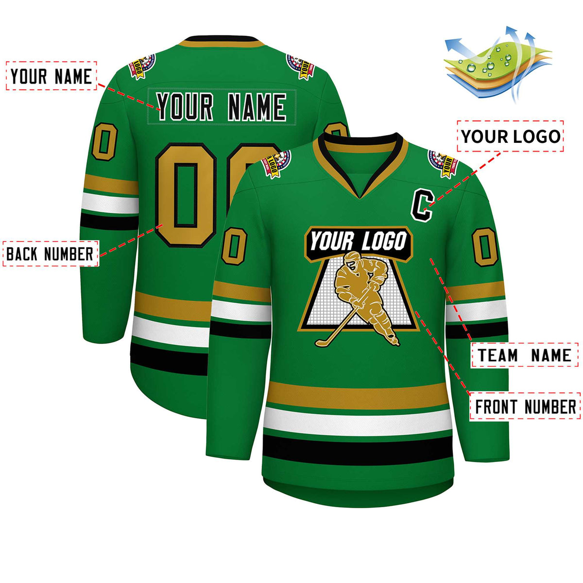 Custom Kelly Green Black White-Old Gold Classic Style Hockey Jersey | KXKSHOP