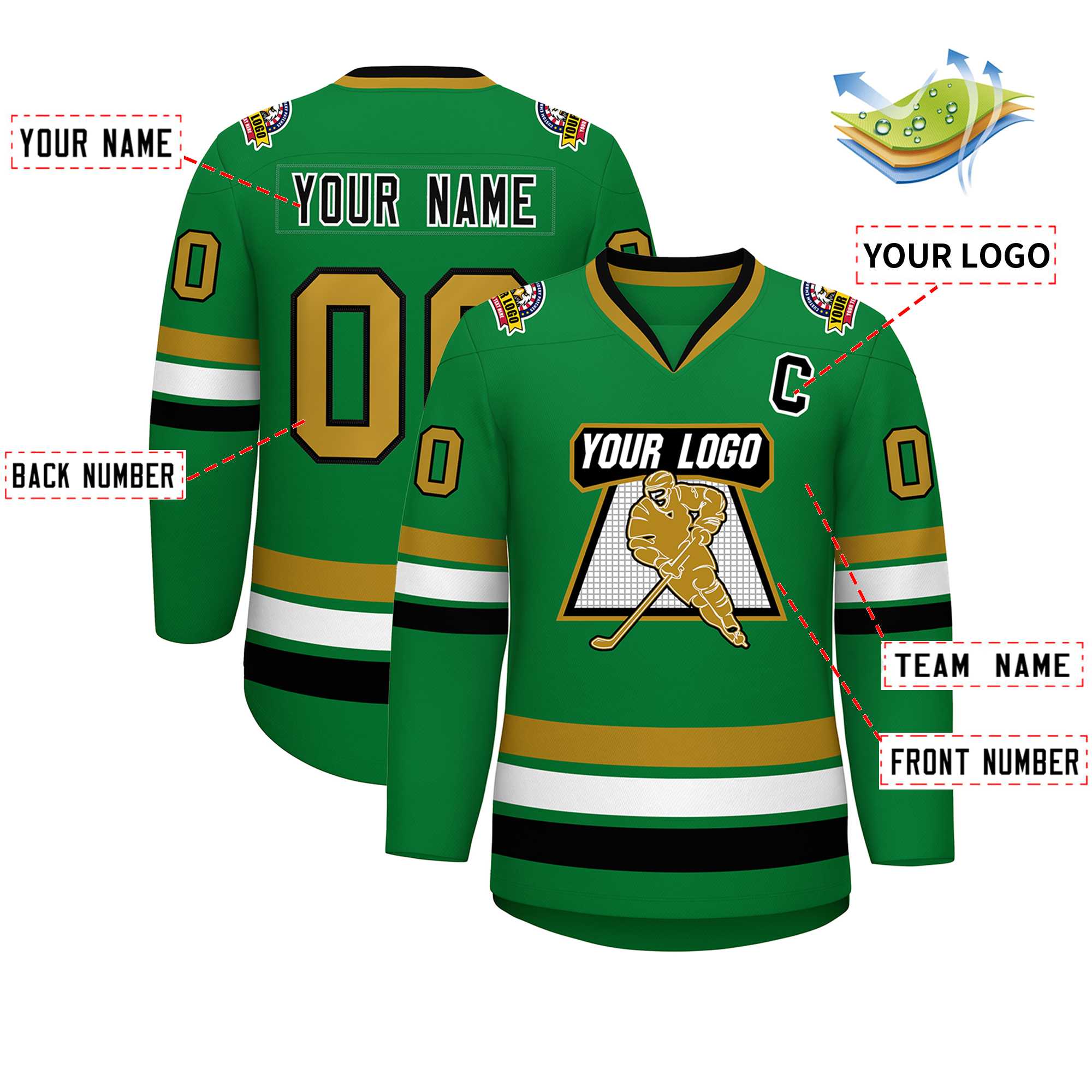 Custom Kelly Green Black White-Old Gold Classic Style Hockey Jersey | KXKSHOP