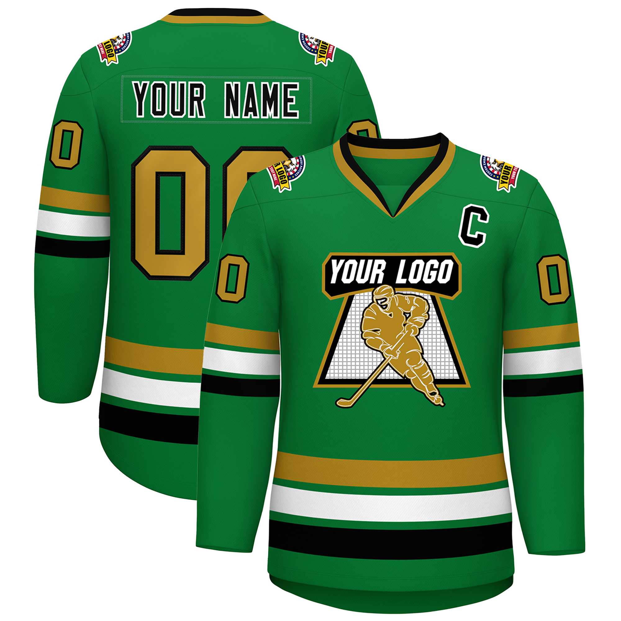 Custom Kelly Green Black White-Old Gold Classic Style Hockey Jersey | KXKSHOP