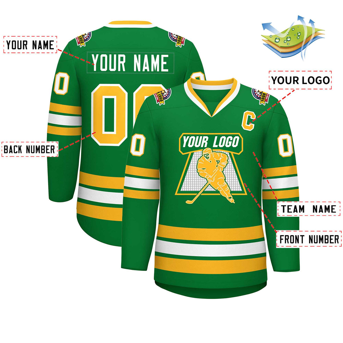 Custom Kelly Green Gold-White Classic Style Hockey Jersey | KXKSHOP