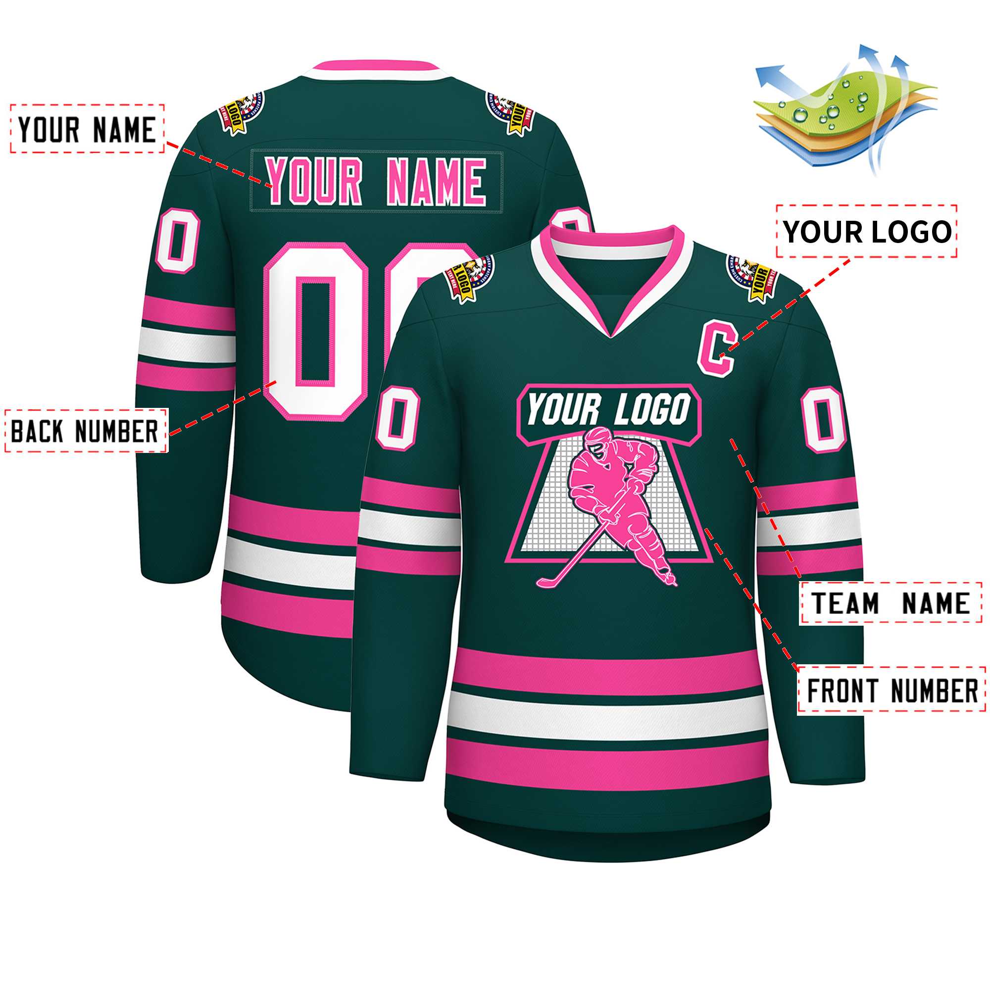 Custom Midnight Green Pink-White Classic Style Hockey Jersey | KXKSHOP