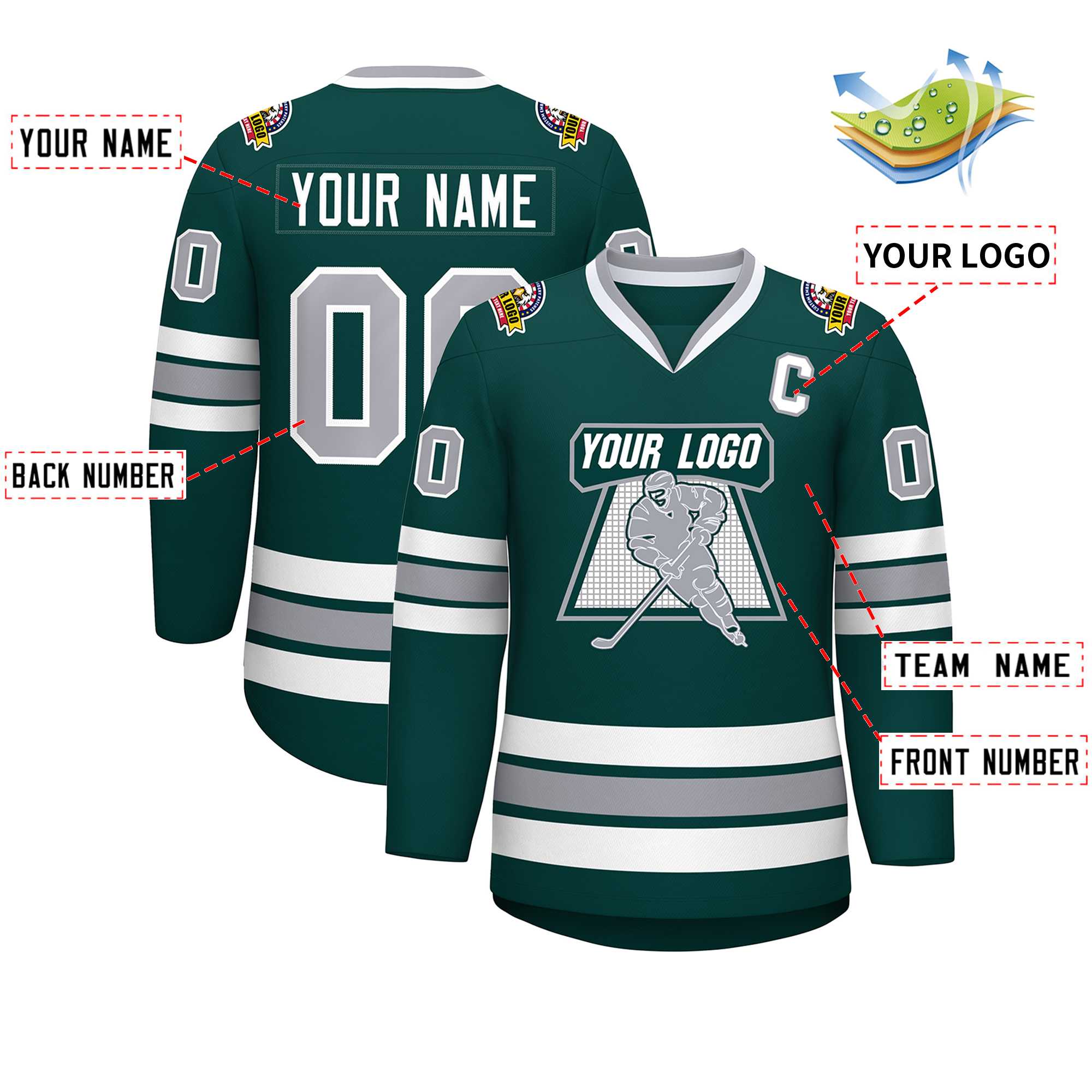 Custom Midnight Green Gray-White Classic Style Hockey Jersey | KXKSHOP