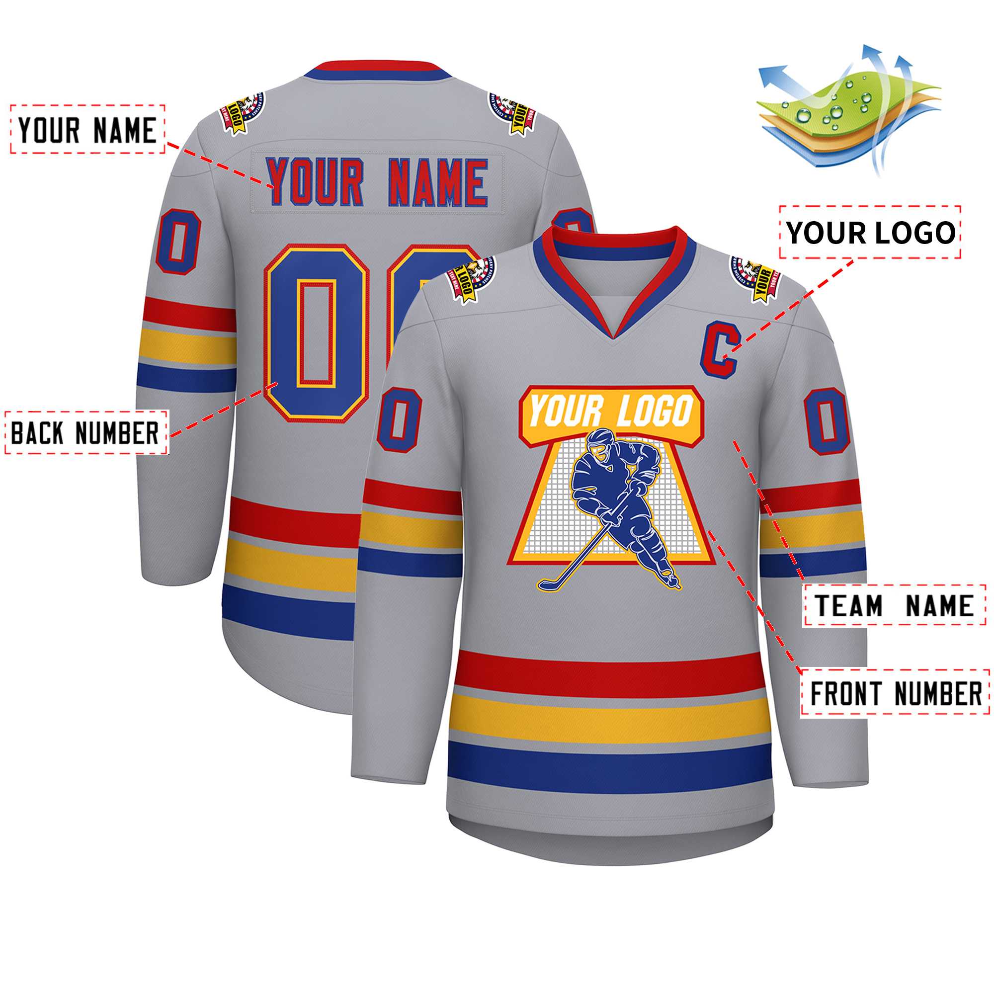 Custom Gray Royal Red-Red Classic Style Hockey Jersey | KXKSHOP