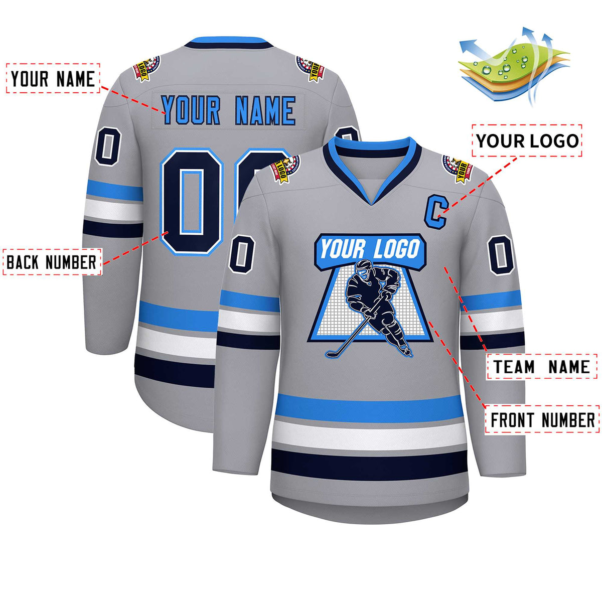 Custom Gray Navy Powder Blue-Powder Blue Classic Style Hockey Jersey | KXKSHOP