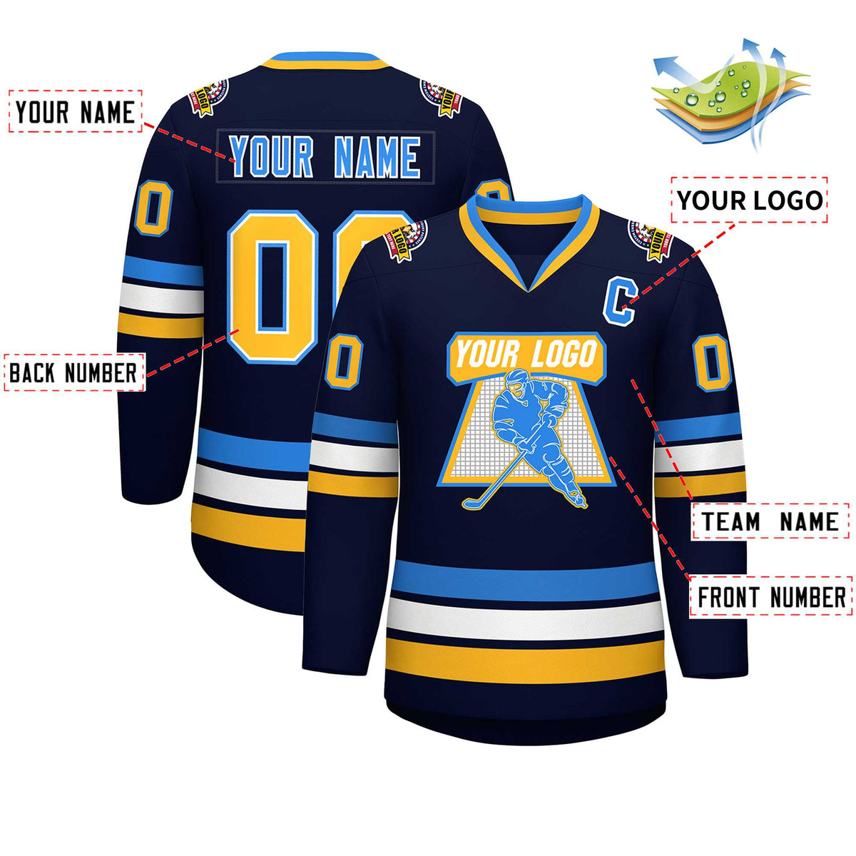Custom Navy Gold White-Powder Blue Classic Style Hockey Jersey | KXKSHOP