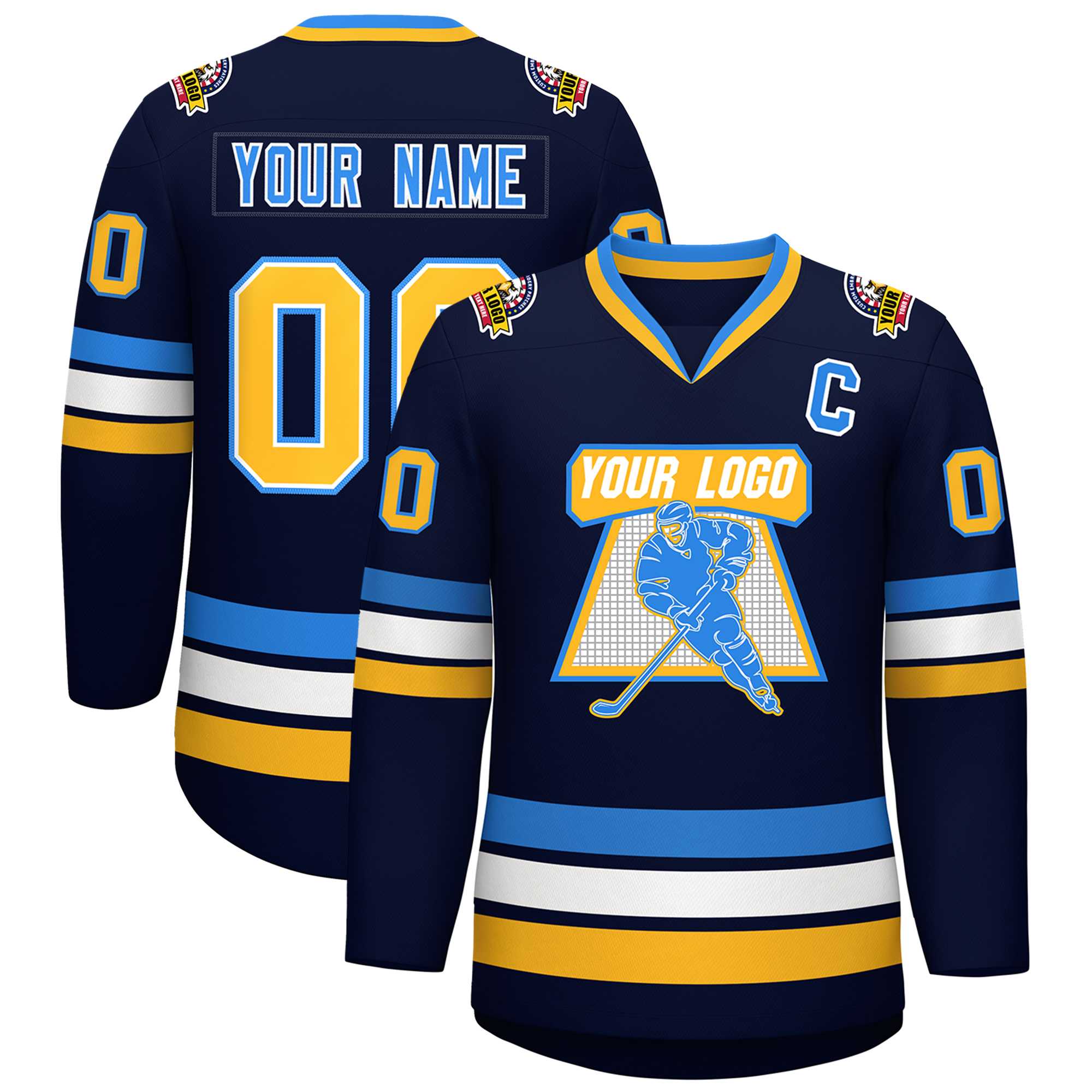 Custom Navy Gold White-Powder Blue Classic Style Hockey Jersey | KXKSHOP
