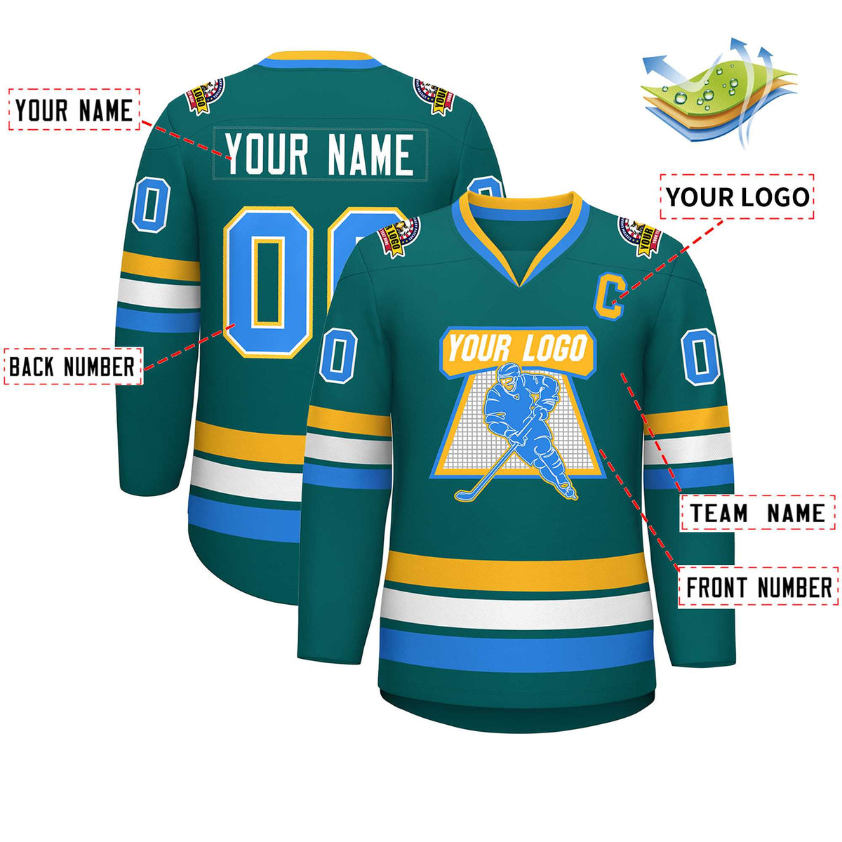 Custom Aqua Powder Blue White-Gold Classic Style Hockey Jersey | KXKSHOP