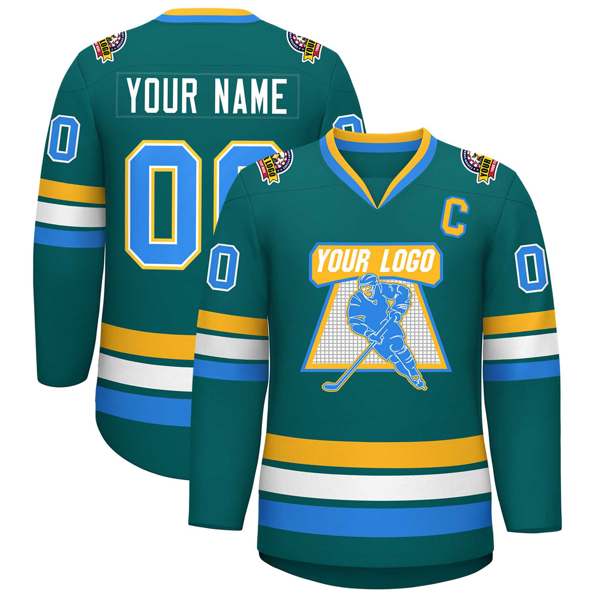 Custom Aqua Powder Blue White-Gold Classic Style Hockey Jersey | KXKSHOP