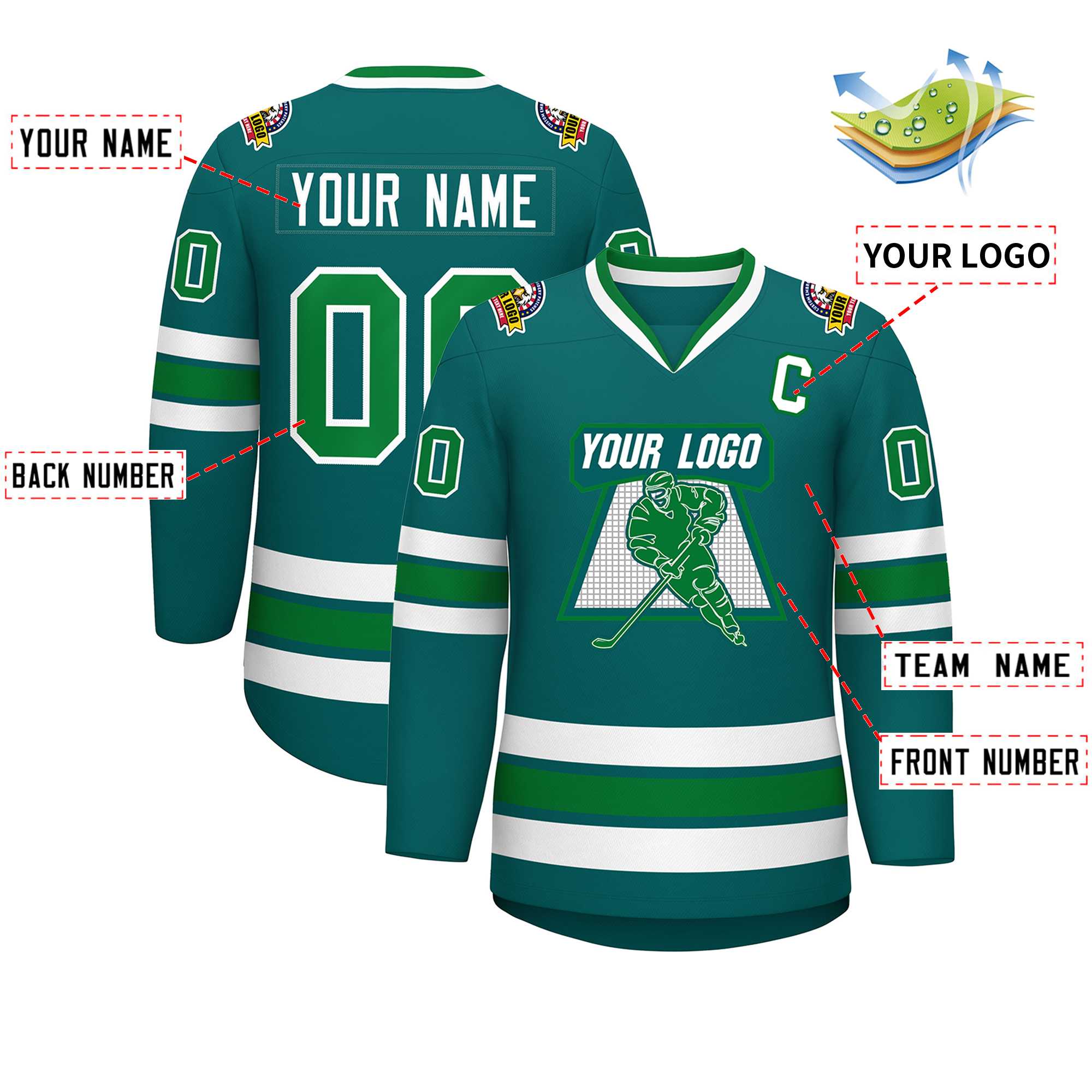 Custom Aqua Kelly Green-White Classic Style Hockey Jersey | KXKSHOP