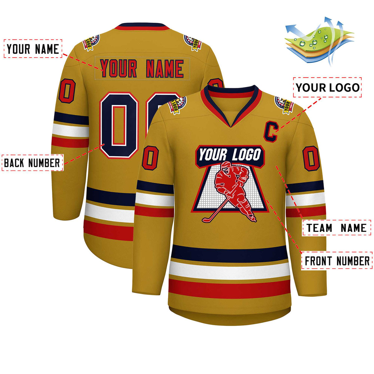 Custom Old Gold Navy White-Red Classic Style Hockey Jersey | KXKSHOP