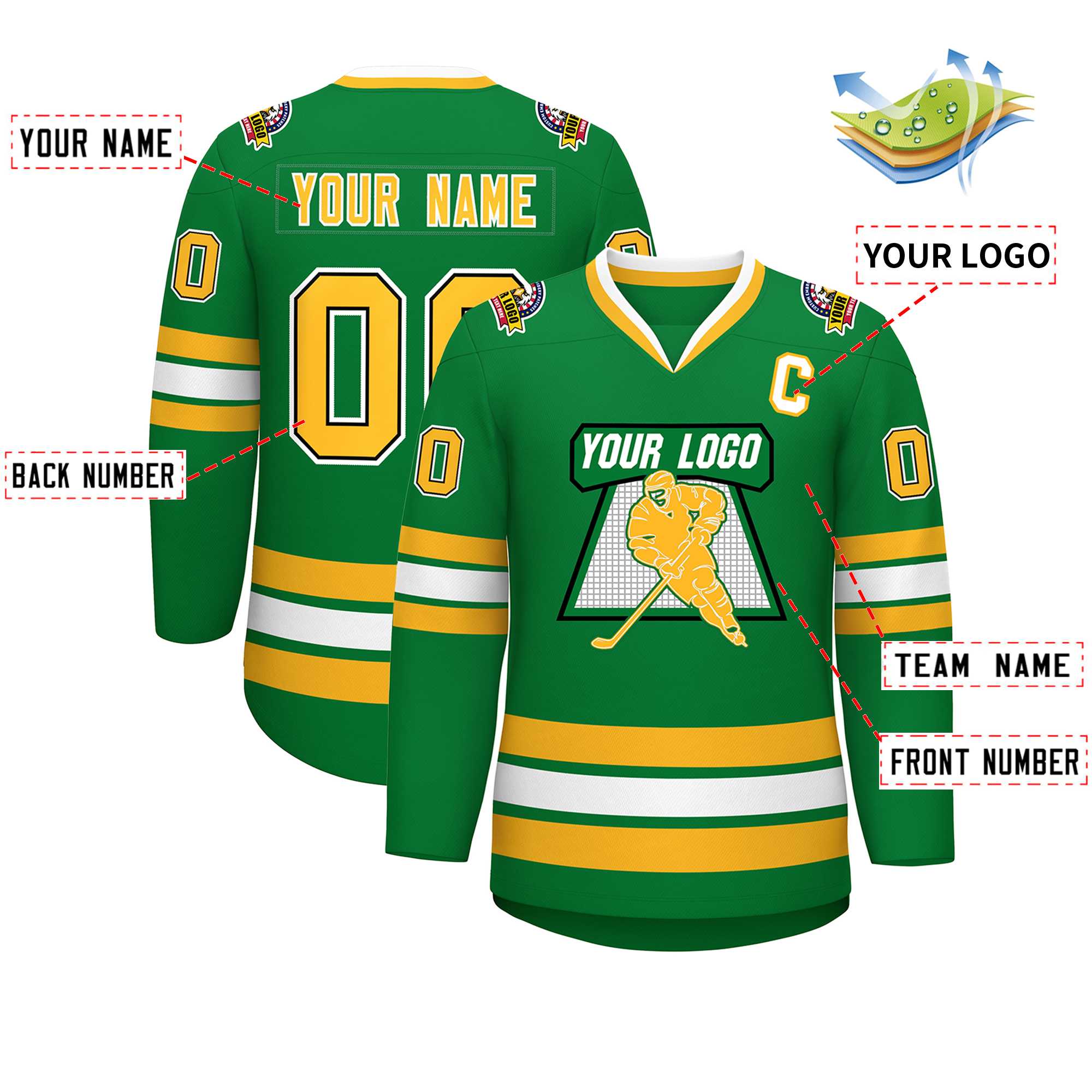 Custom Kelly Green Gold Black-White Classic Style Hockey Jersey | KXKSHOP