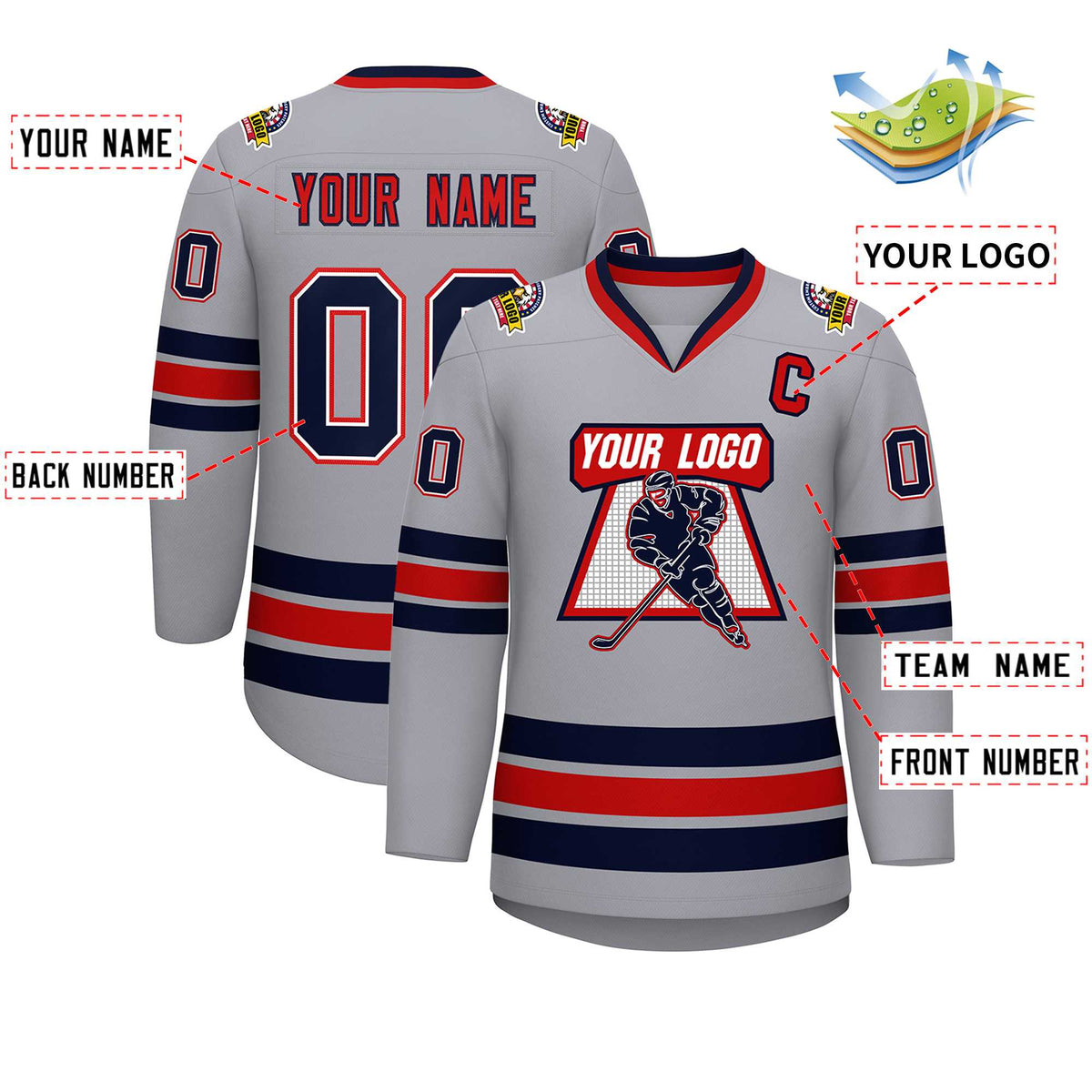 Custom Gray Navy White-Red Classic Style Hockey Jersey | KXKSHOP