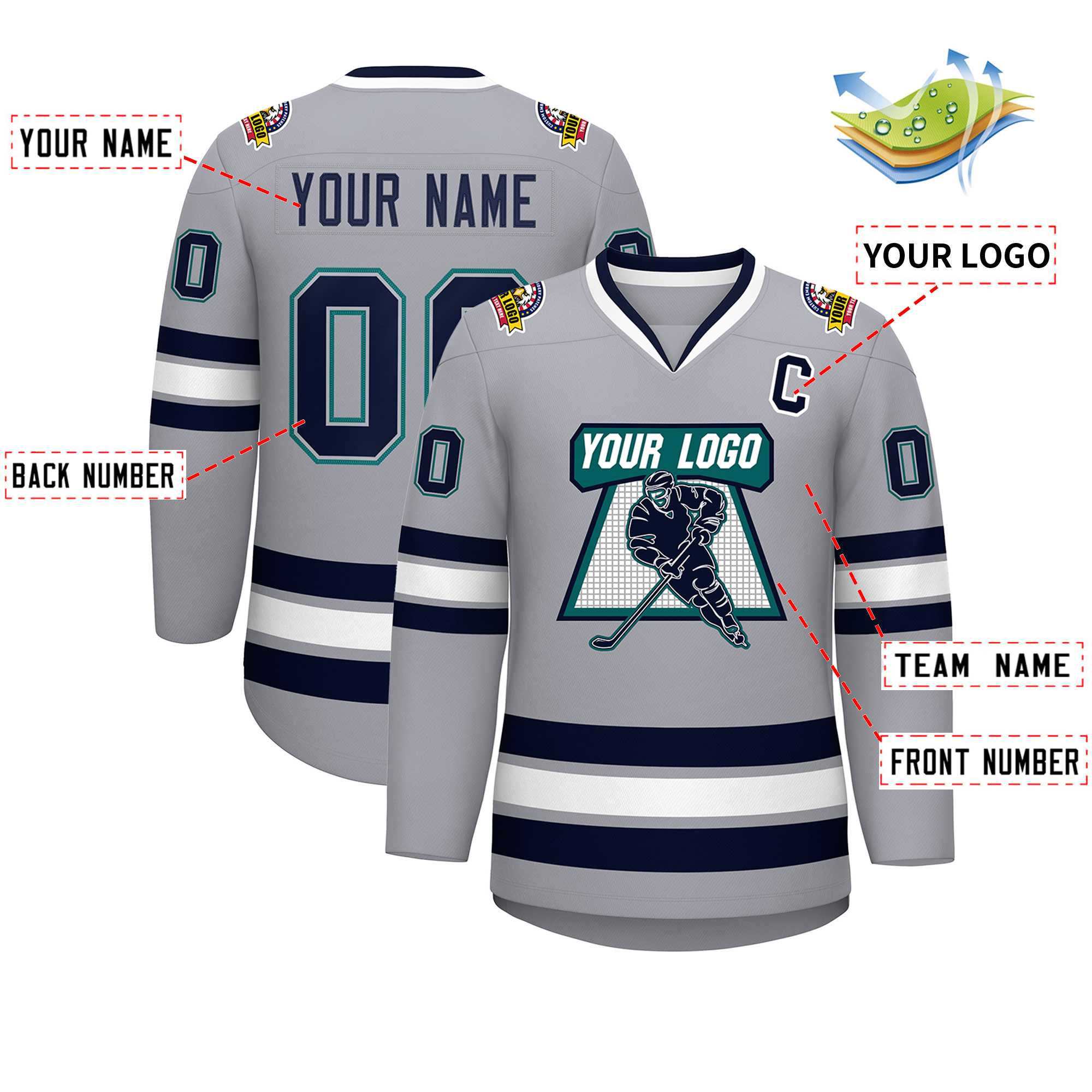 Custom Gray Navy Gray-Aqua Classic Style Hockey Jersey | KXKSHOP