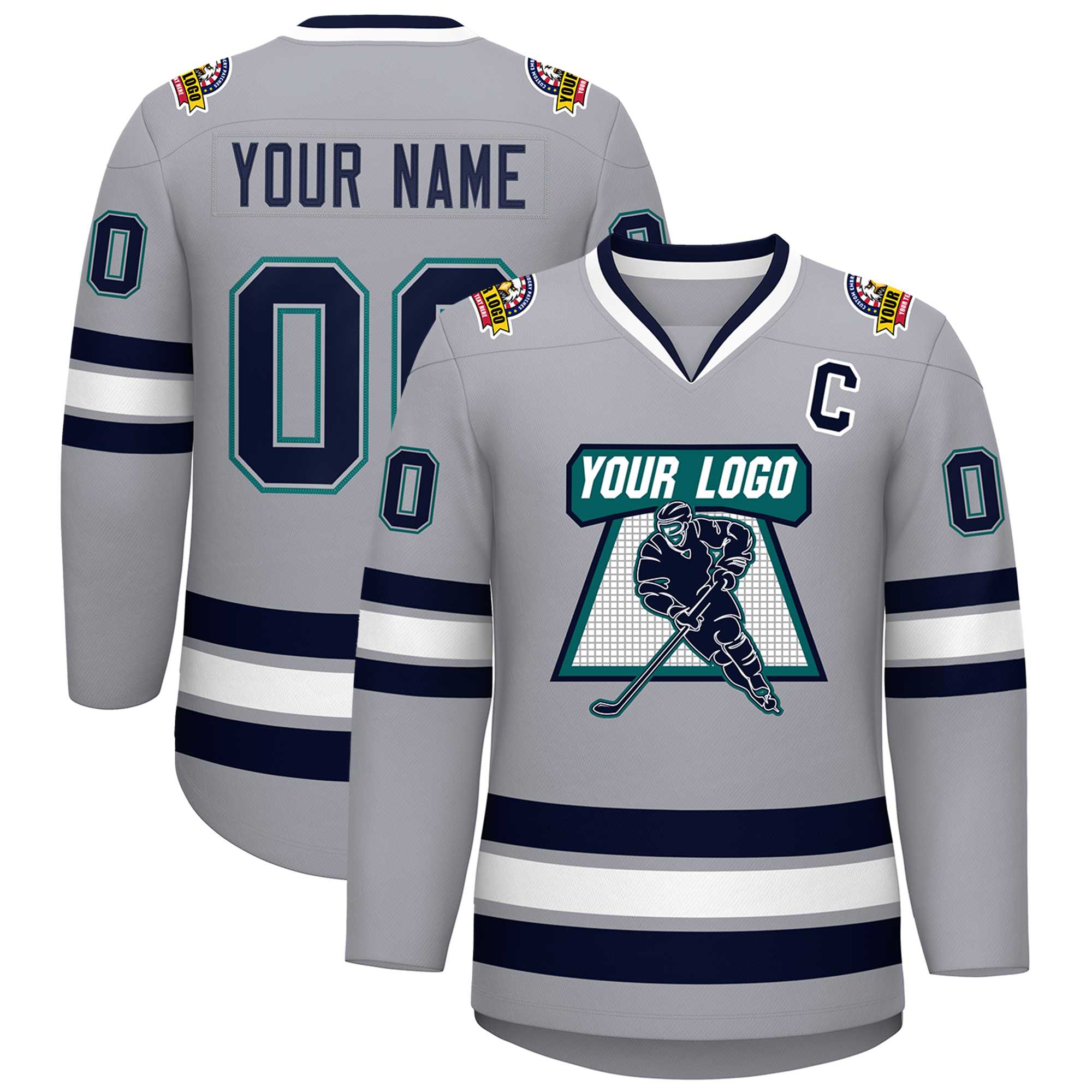 Custom Gray Navy Gray-Aqua Classic Style Hockey Jersey | KXKSHOP
