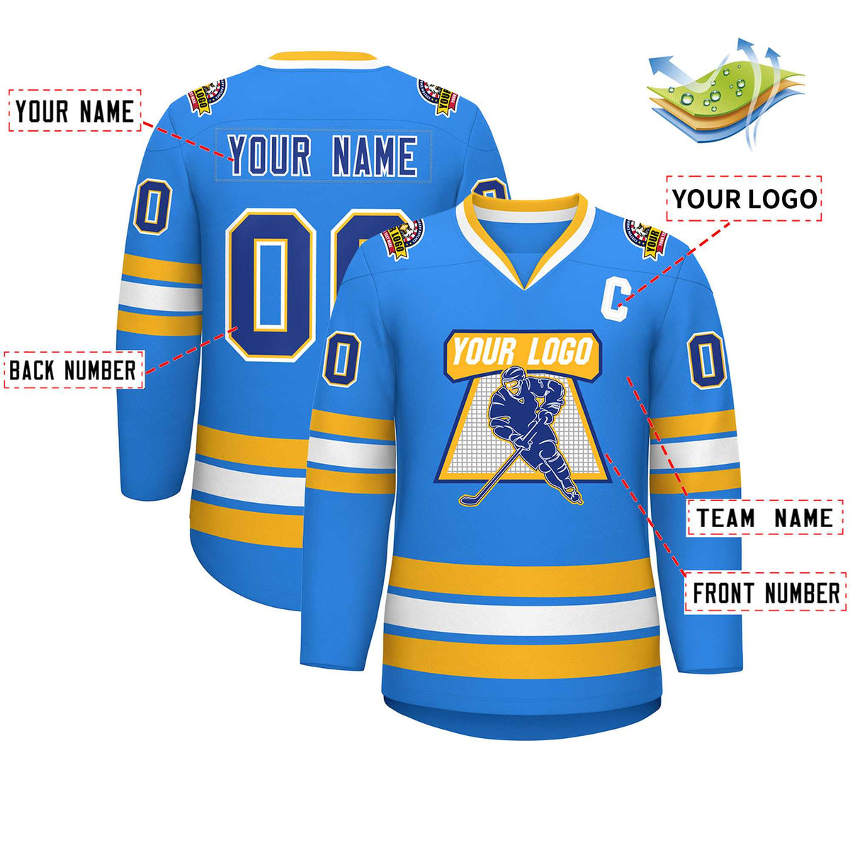 Custom Powder Blue Royal Gold-White Classic Style Hockey Jersey | KXKSHOP