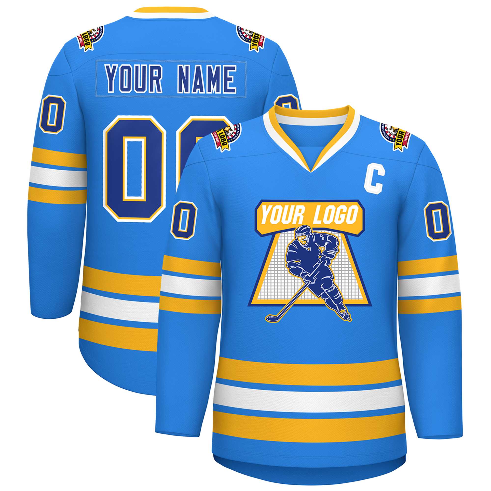 Custom Powder Blue Royal Gold-White Classic Style Hockey Jersey | KXKSHOP